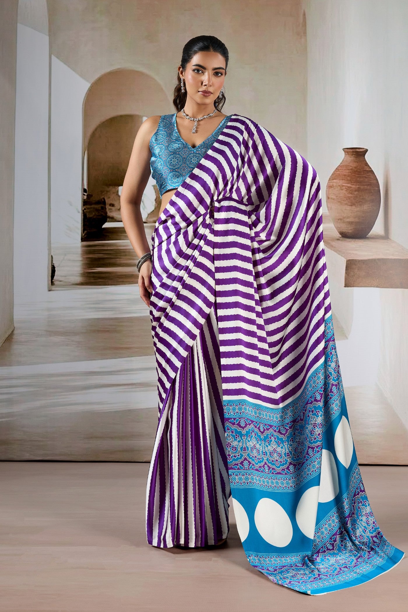 Buy MySilkLove Mist Purple Stripe Ajrakh Printed Satin Crepe Silk Saree Online