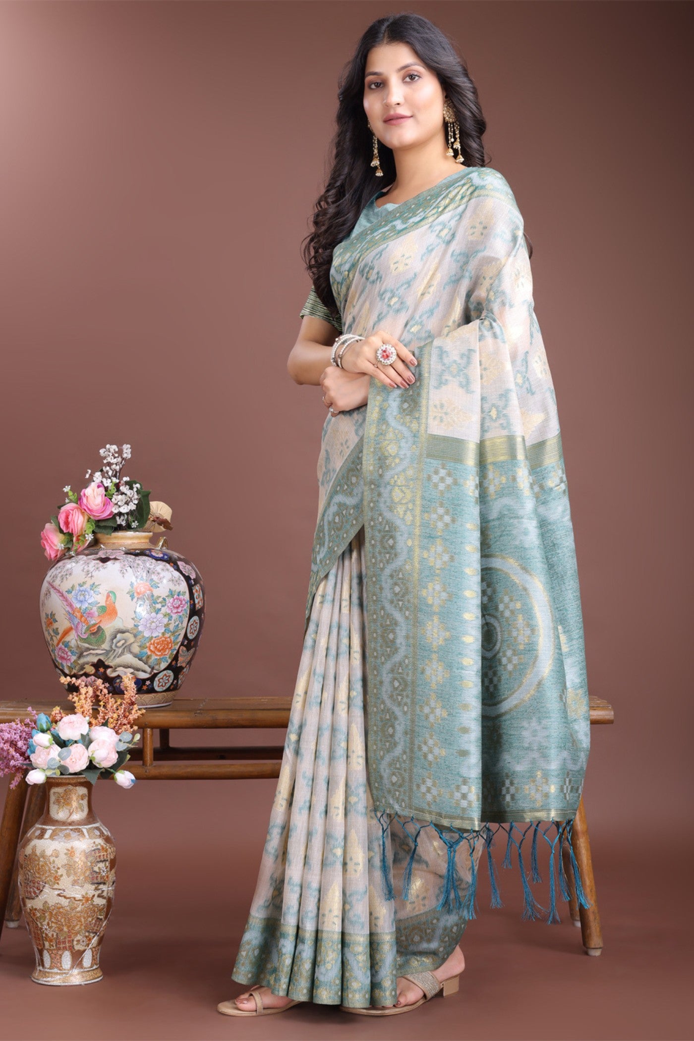 Buy MySilkLove Arctic Blue Linen Cotton Saree Online