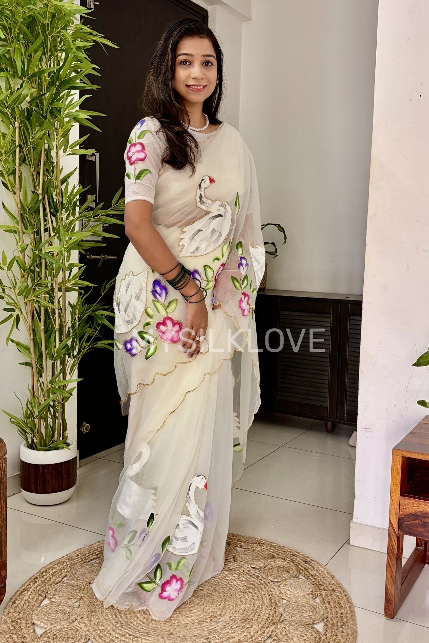 Buy MySilkLove Swiss White Chiffon Hand painted Floral Saree With sequin Woven Border Without Blouse Online