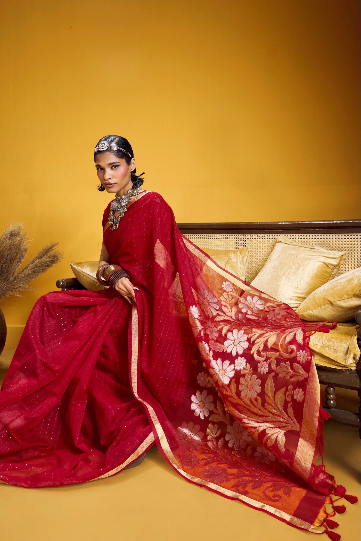 Buy MySilkLove Imperial Red Munga Handloom Cotton Saree Online