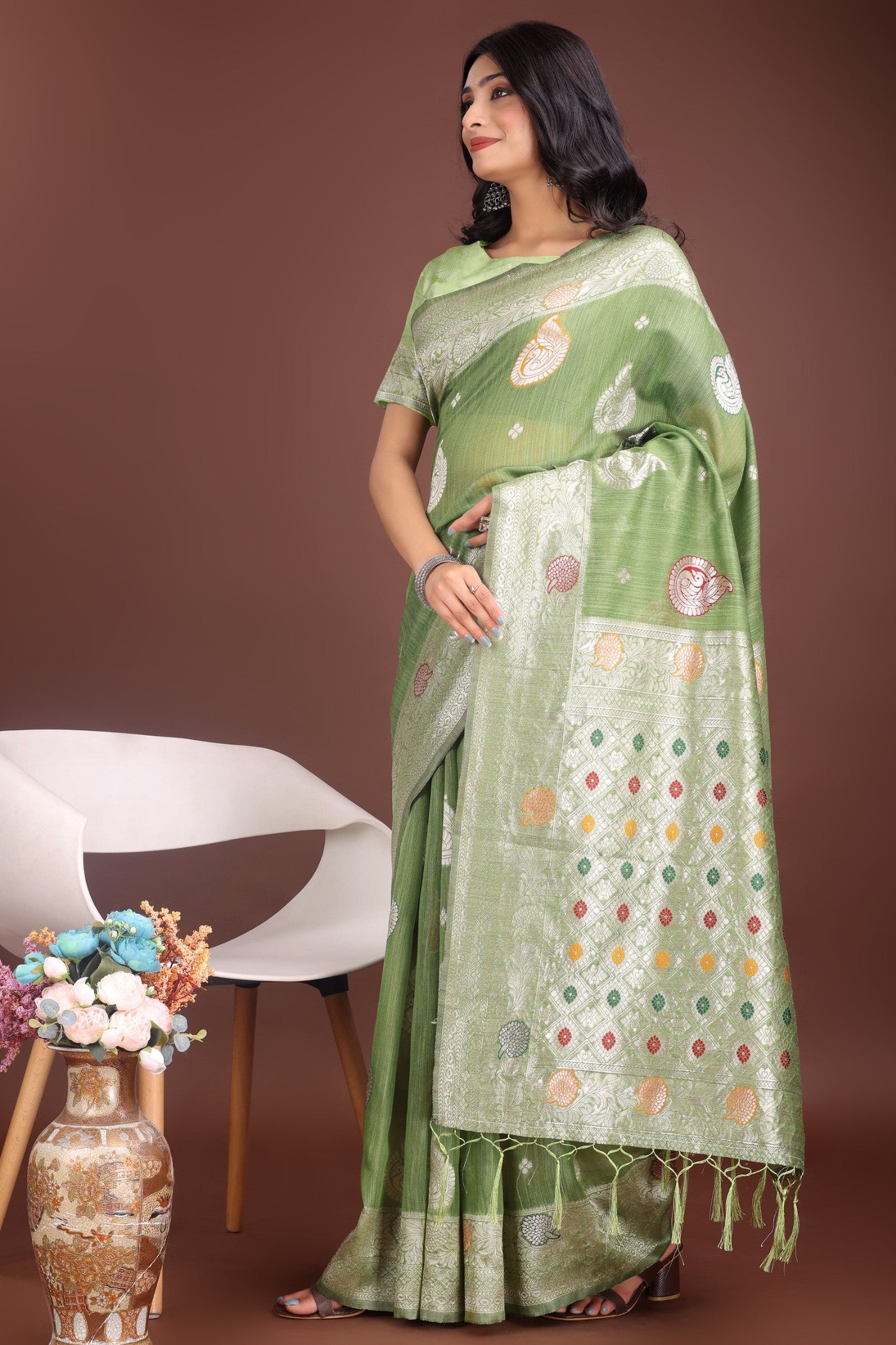 Buy MySilkLove Frog Green Linen Cotton Saree Online