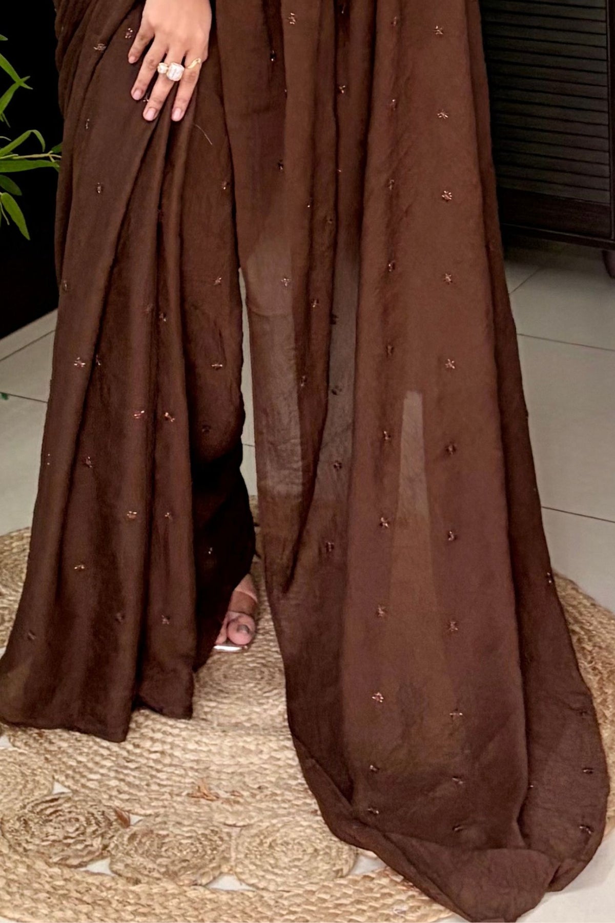 Buy MySilkLove Toffee Brown Bidding Work Georgette Saree Online