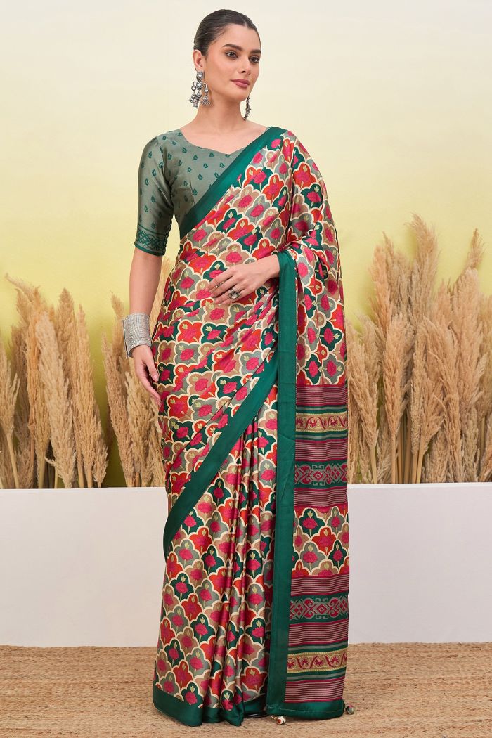 Buy MySilkLove Red Ink and Green Modal Satin Printed Silk Saree Online