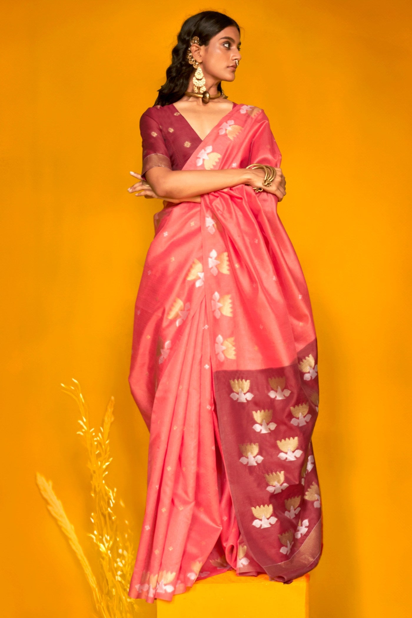 Buy MySilkLove Brick Pink Tussar Handloom Silk Saree Online