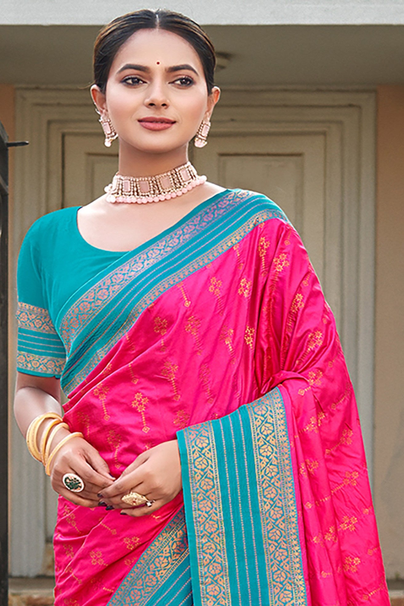 Buy MySilkLove Razzmatazz Pink and Blue Woven Banarasi Saree Online