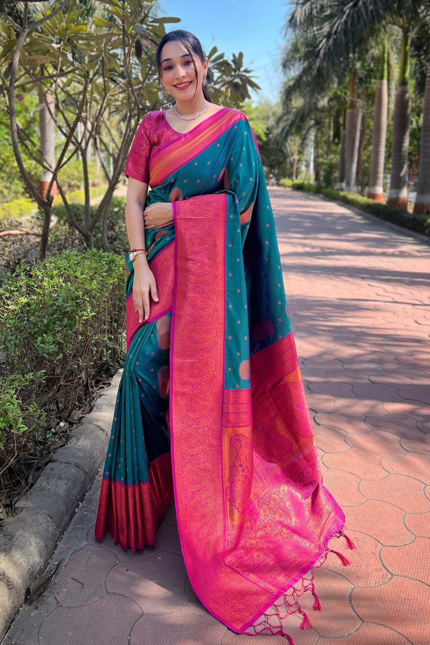 Buy MySilkLove Metallic Seaweed Blue and Pink Zari Woven Banarasi Saree Online