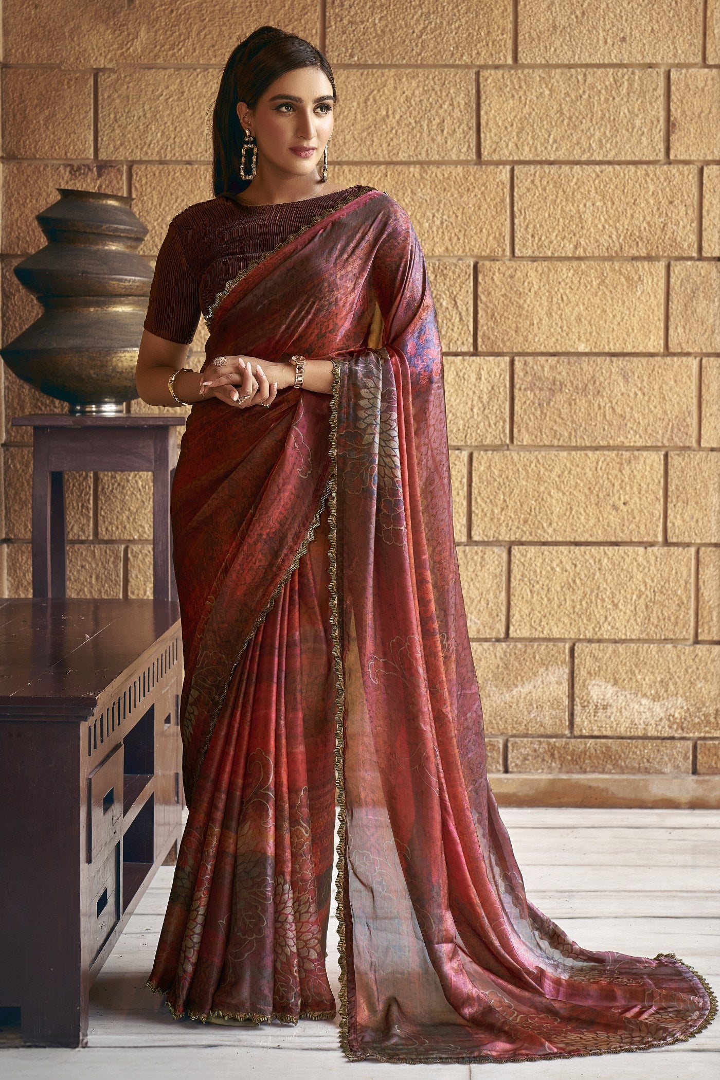 Buy MySilkLove Ironstone Brown Satin Printed Silk Saree Online