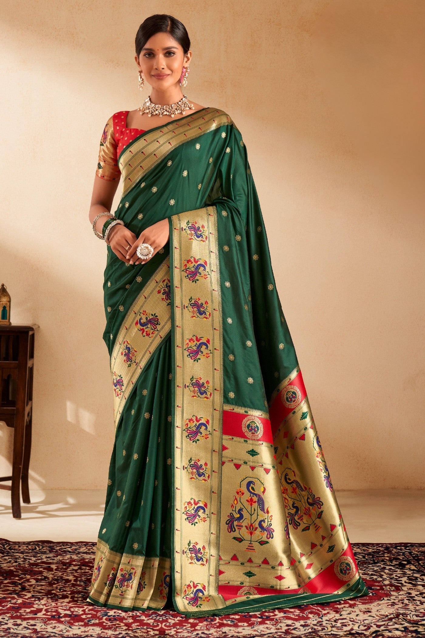 Buy MySilkLove Gunmetal Green Woven Paithani Saree Online