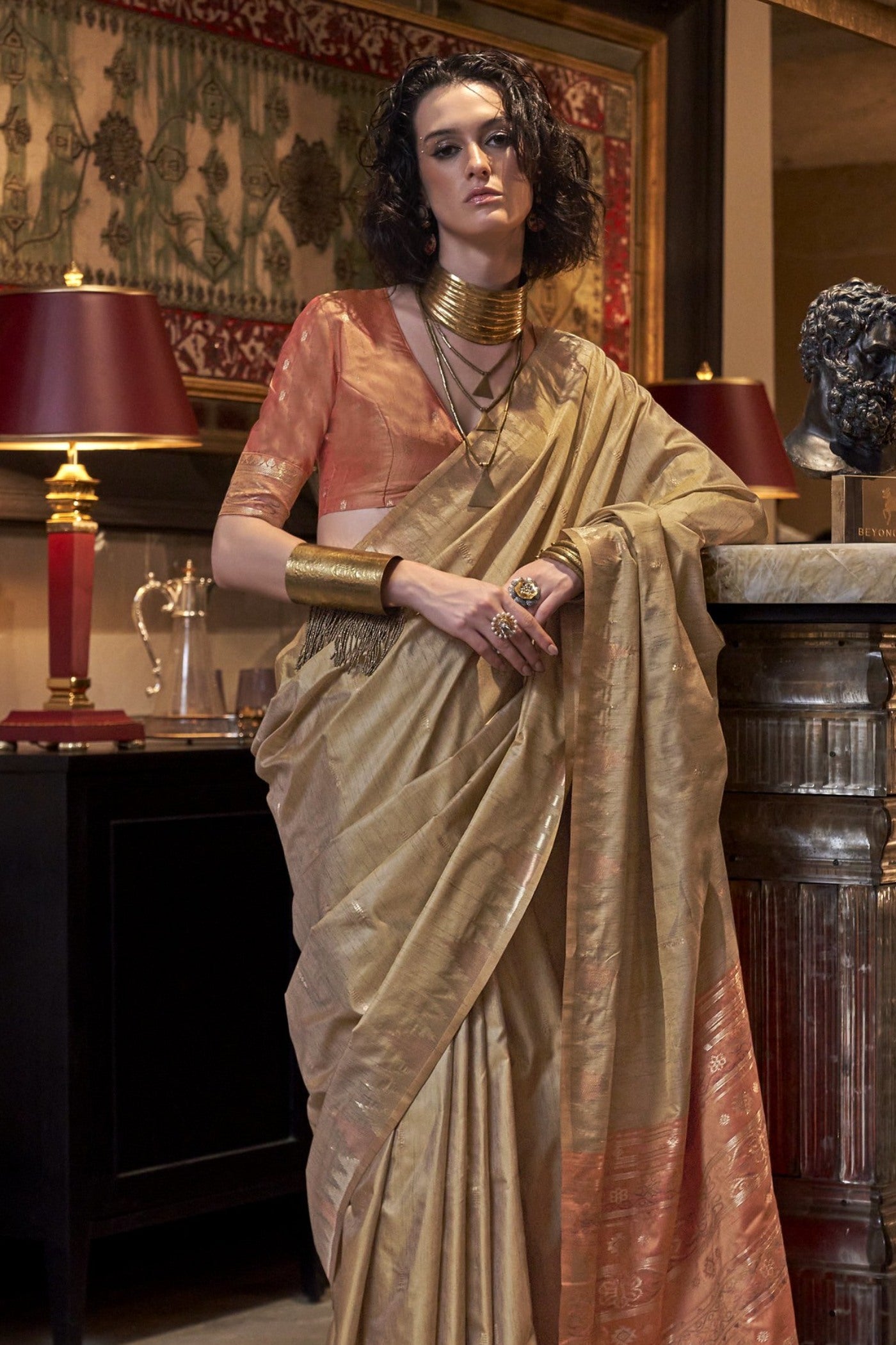 Buy MySilkLove Dusty Brown Woven Linen Saree Online