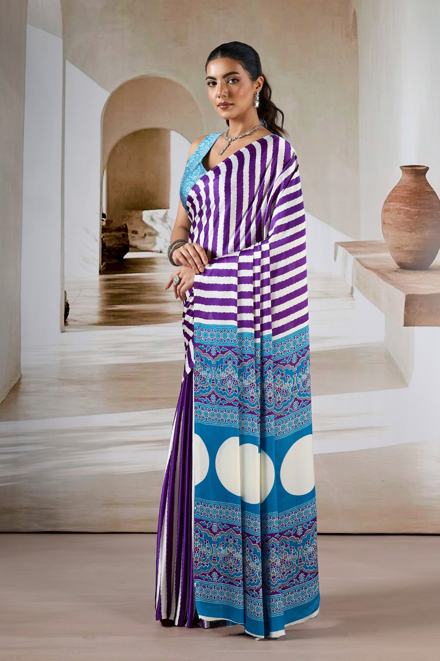 Buy MySilkLove Mist Purple Stripe Ajrakh Printed Satin Crepe Silk Saree Online