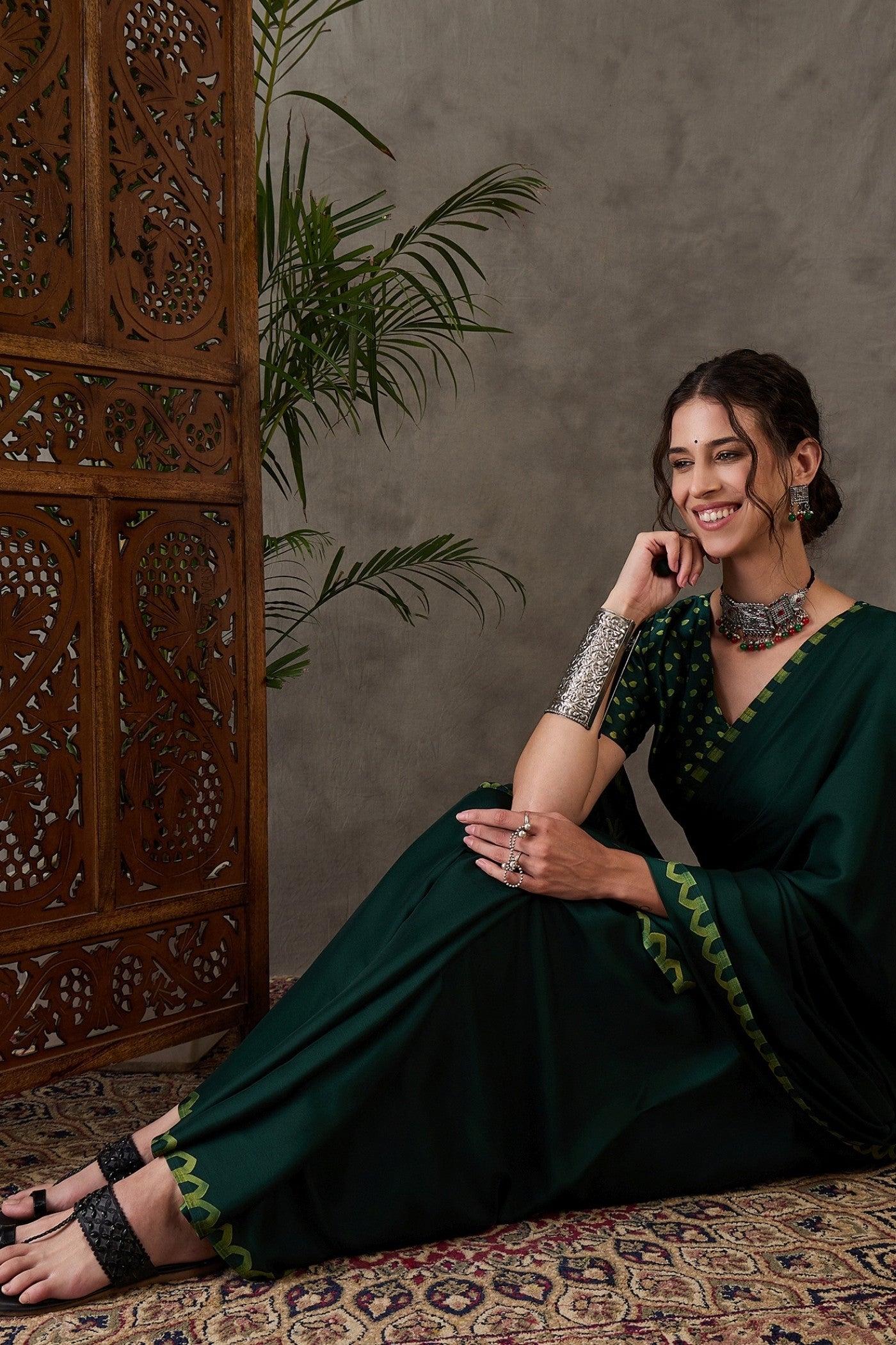 Buy MySilkLove Dark Leaf Green Printed Satin Gaji Silk Saree Online