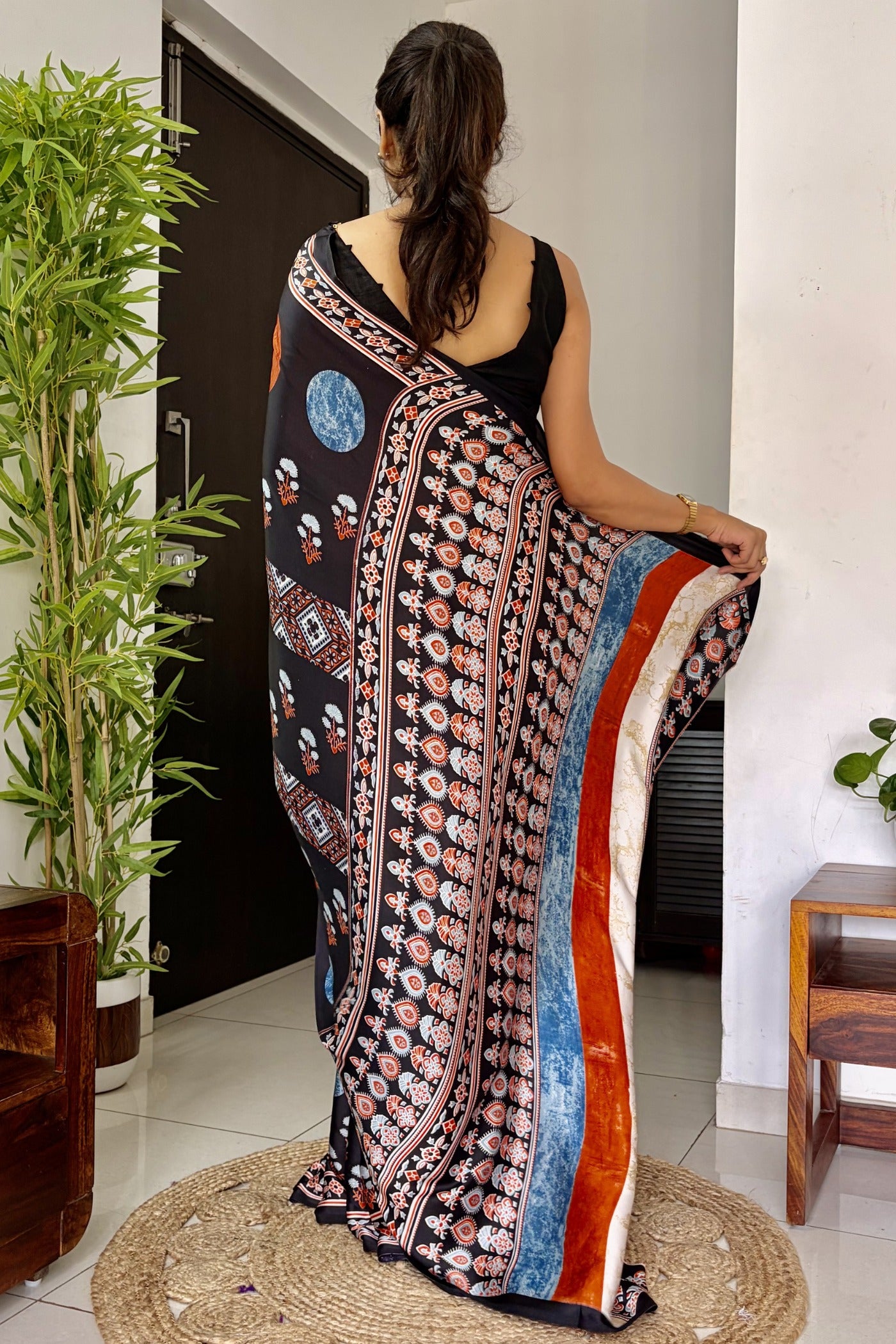 Buy MySilkLove Anthracite Black Printed Polka Dots Satin Crepe Saree Online