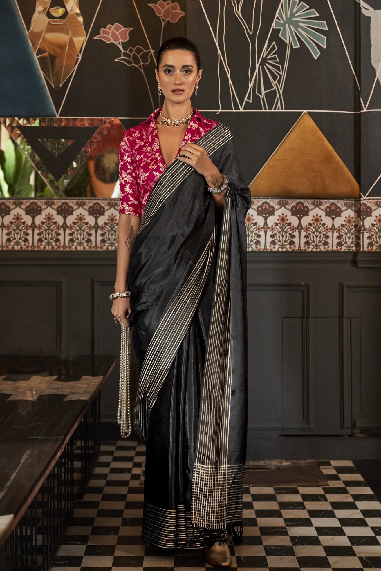 Buy MySilkLove Eerie Black Viscose Satin Handloom Saree Online