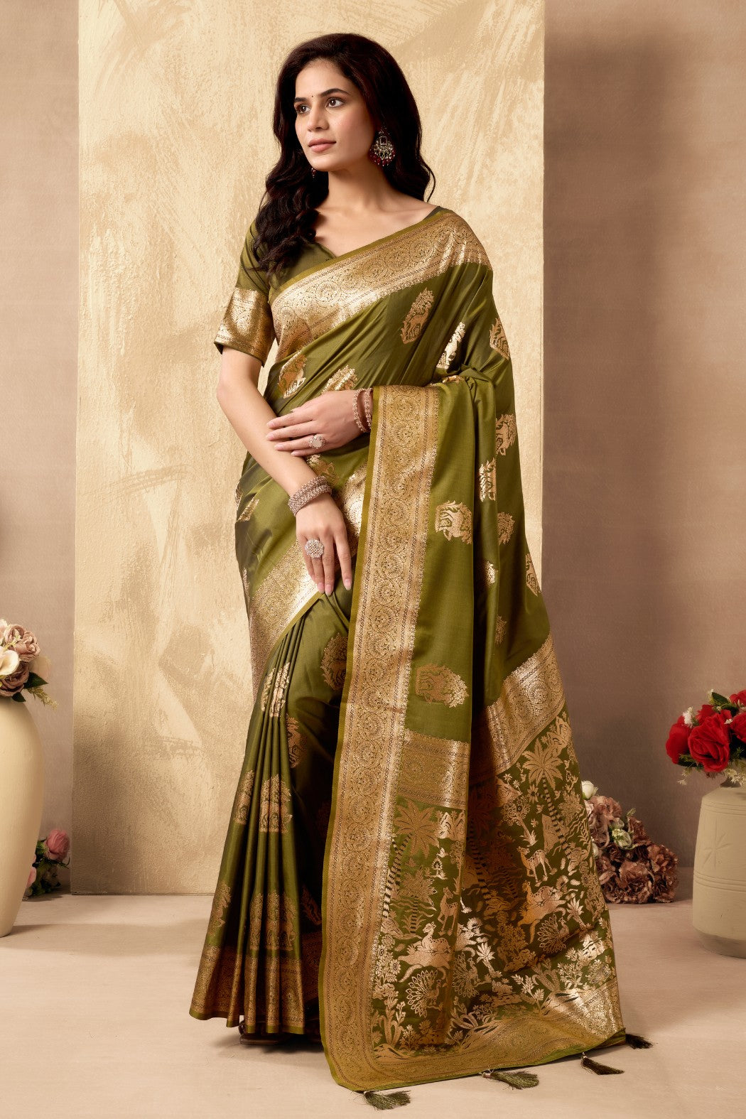 Buy MySilkLove olive Green Woven Banarasi Soft Silk Saree Online