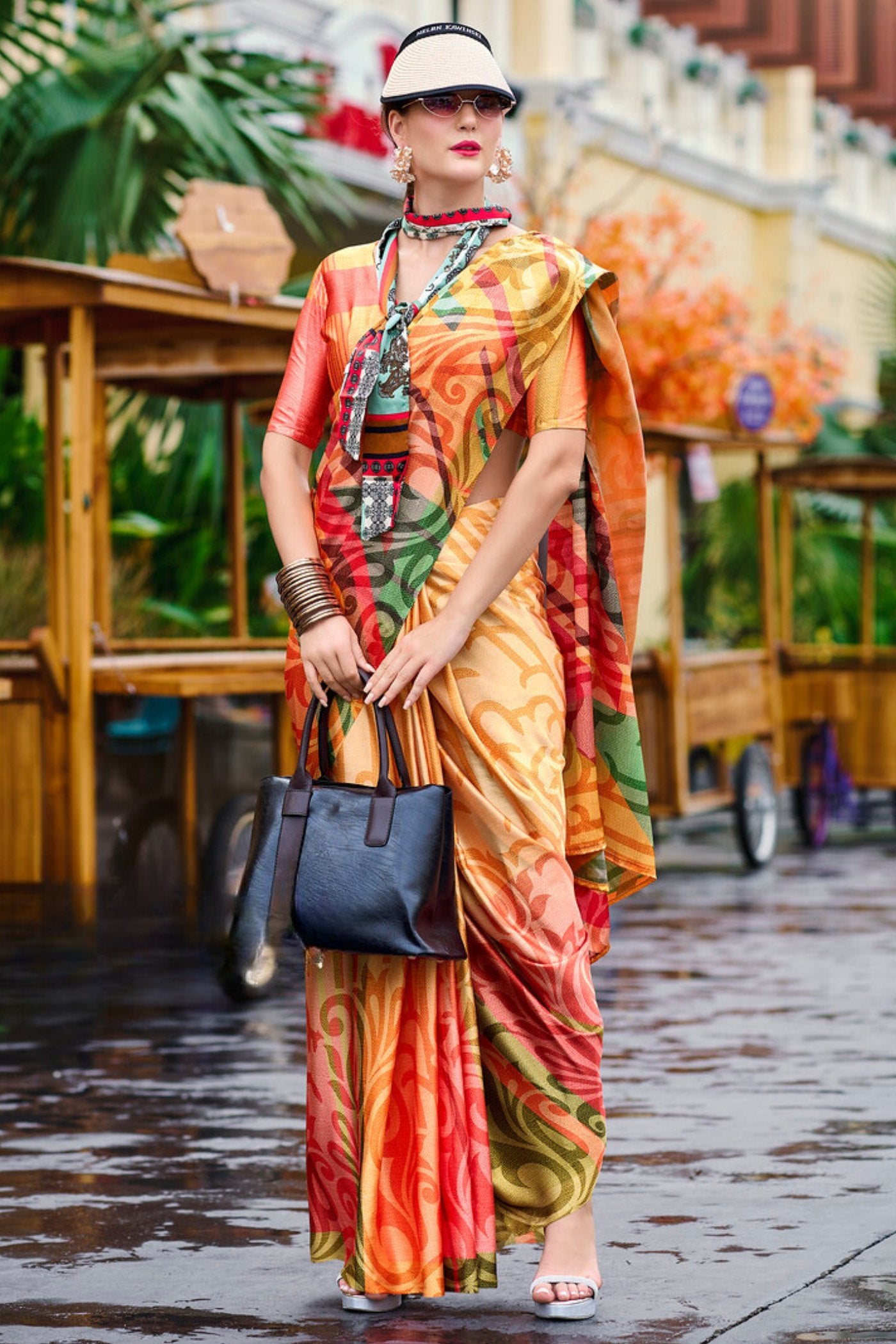 Buy MySilkLove Terracotta Orange Printed Satin Crepe Silk Saree Online