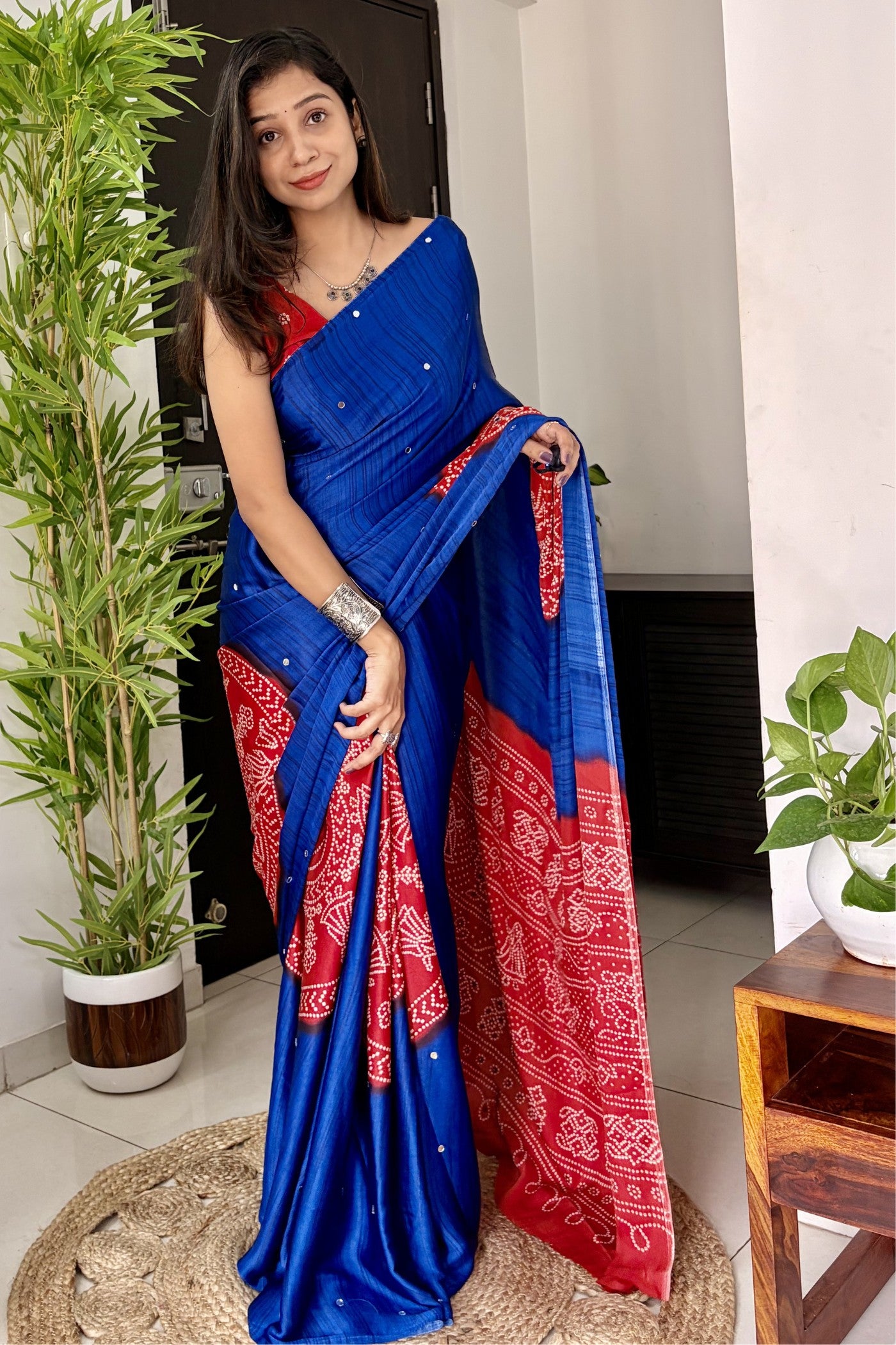 Buy MySilkLove Admiral Blue and Red Gaji Bandej Satin Soft Silk Saree Online