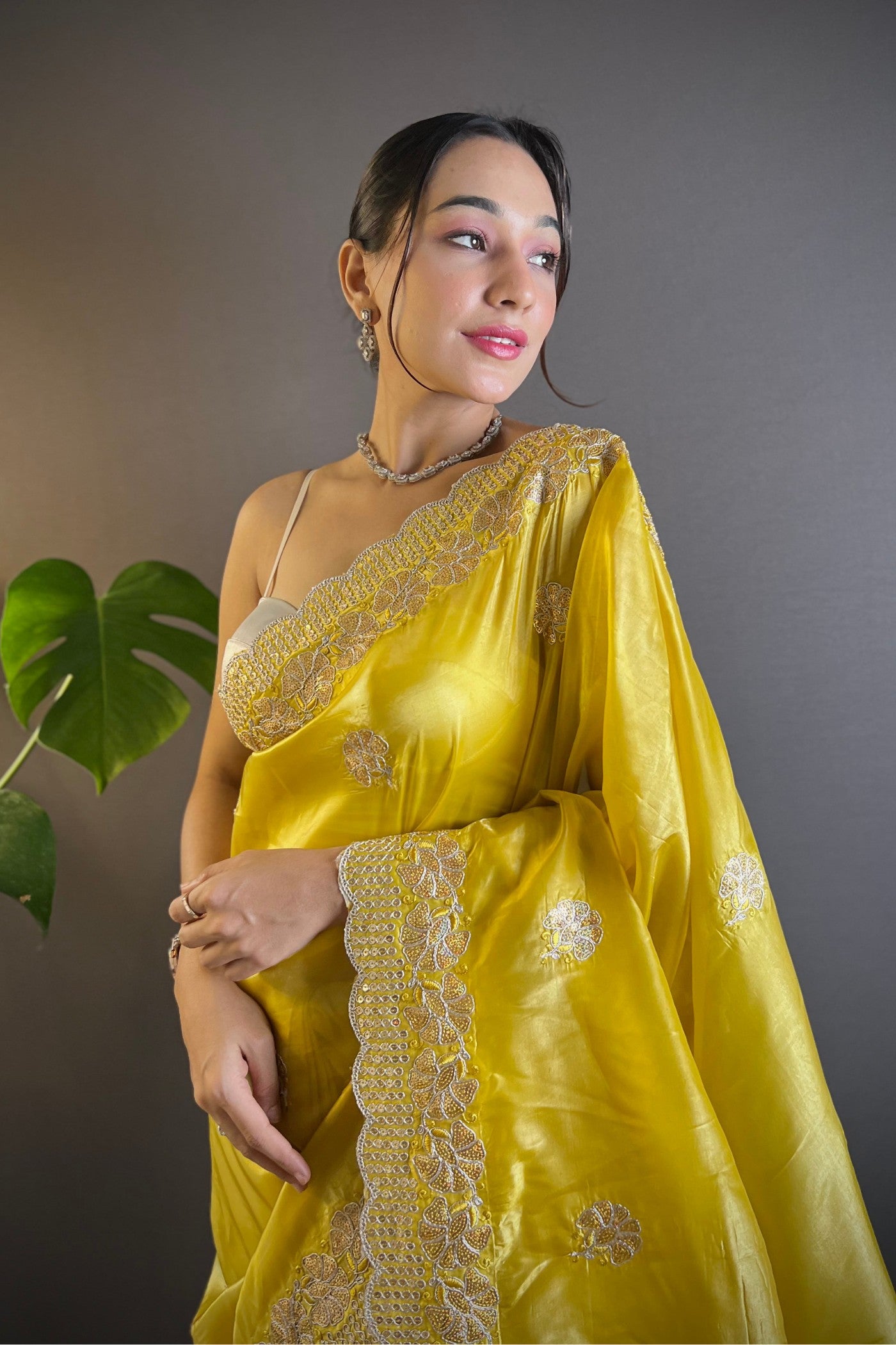 Buy MySilkLove Old Gold Yellow Embroidered Party Wear Saree Online