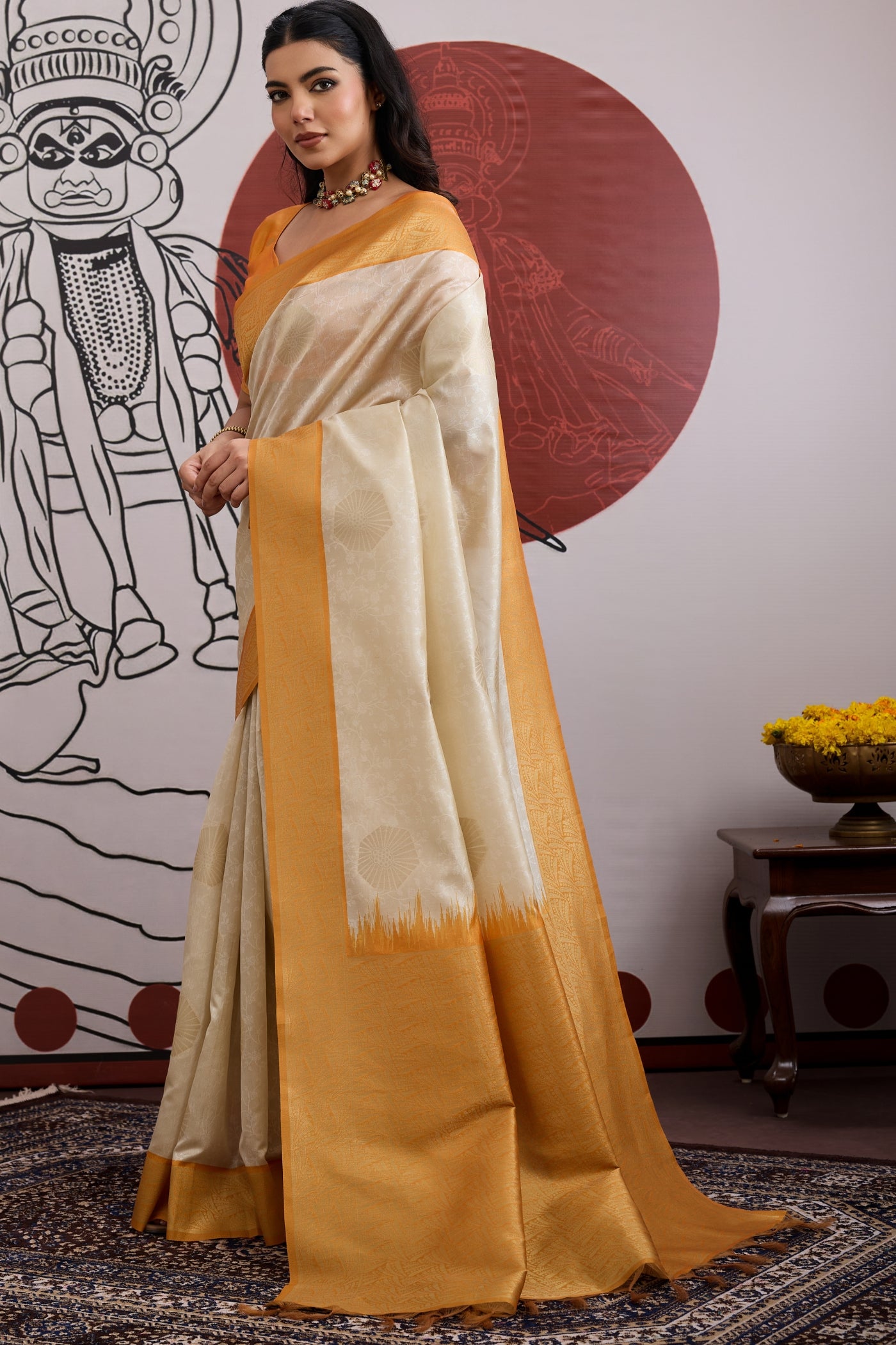Buy MySilkLove Fawn Cream and Yellow Handloom South Silk Saree Online