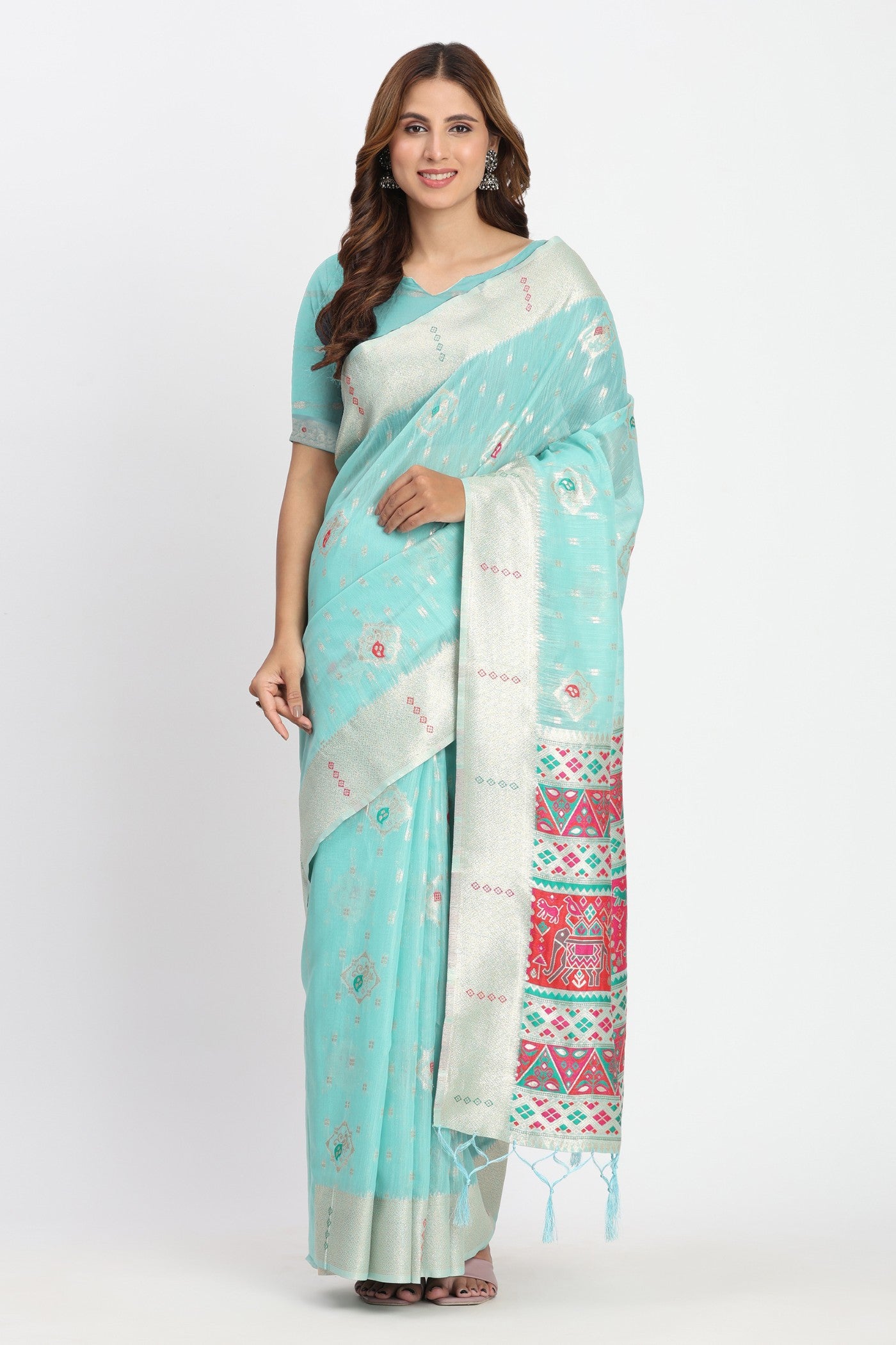 Buy MySilkLove Oeean Blue Woven Linen Cotton Saree Online