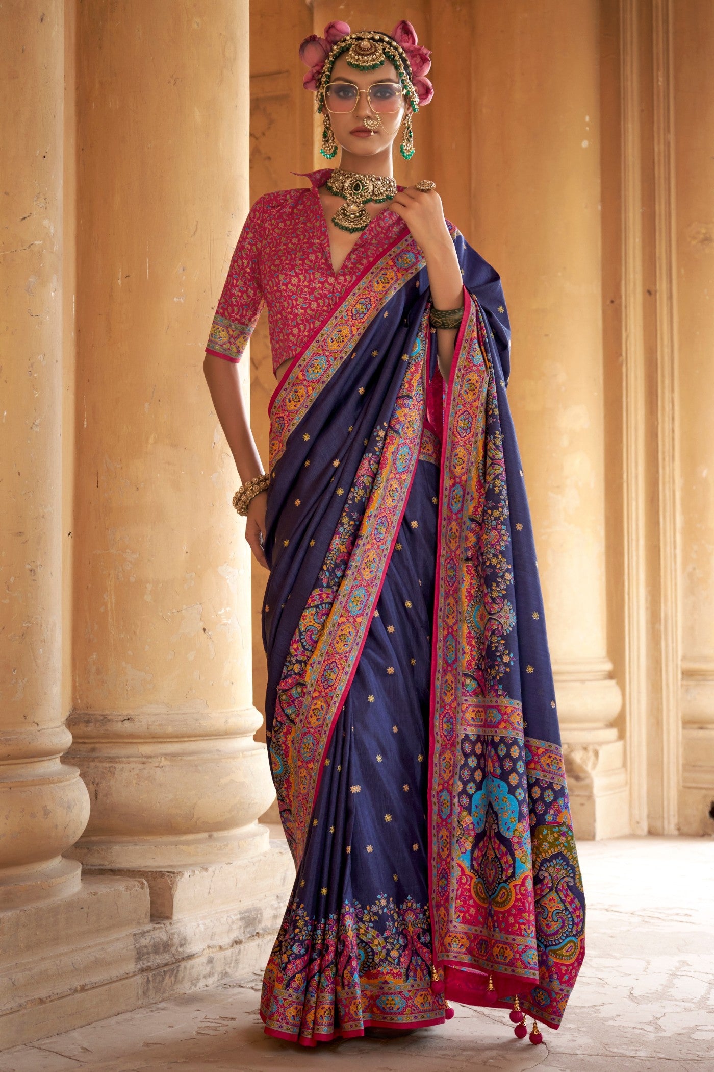 Buy MySilkLove Navy Blue Printed Banarasi Saree Online