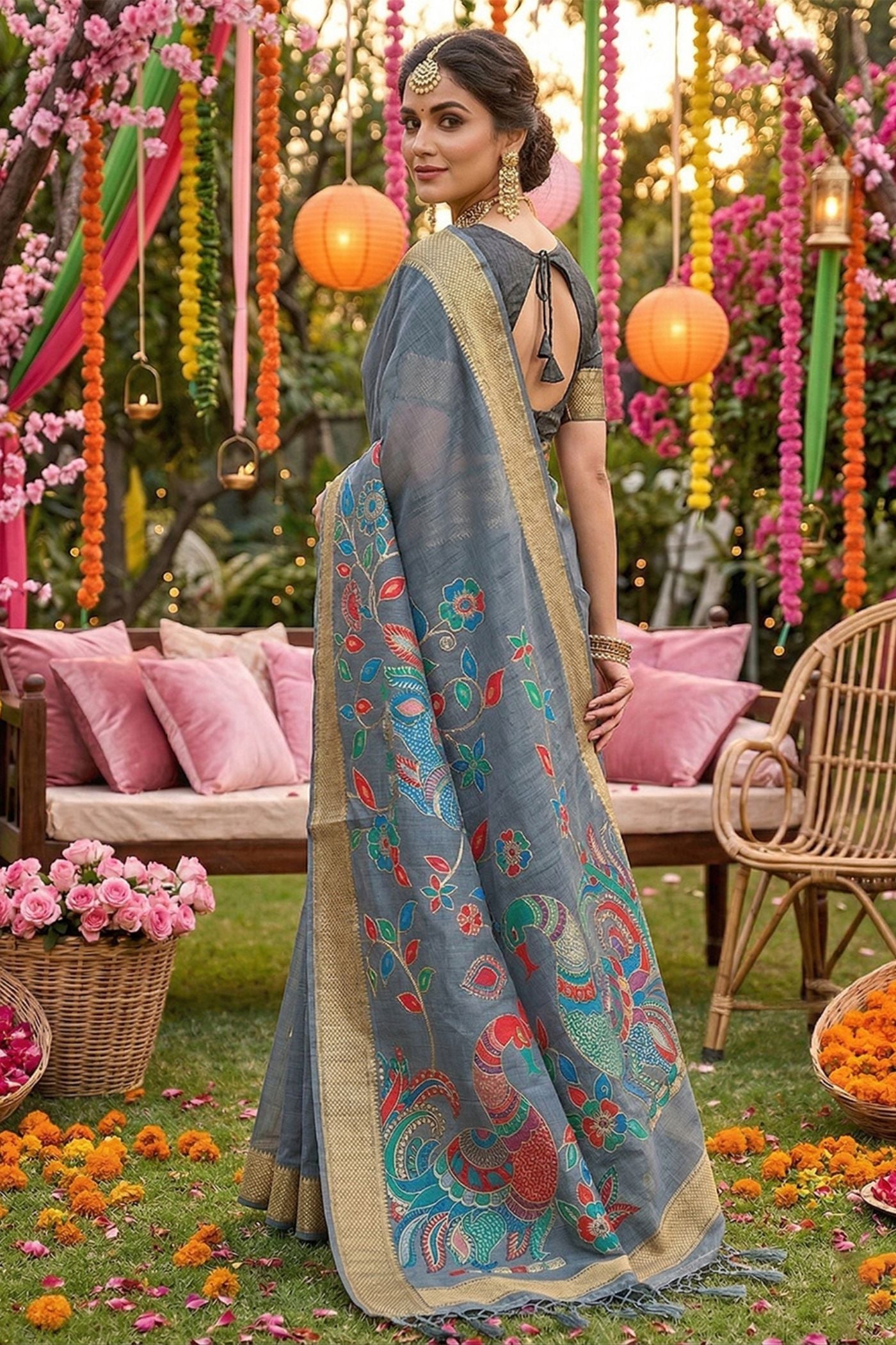 MySilkLove Charcoal Grey Woven Linen Cotton Saree