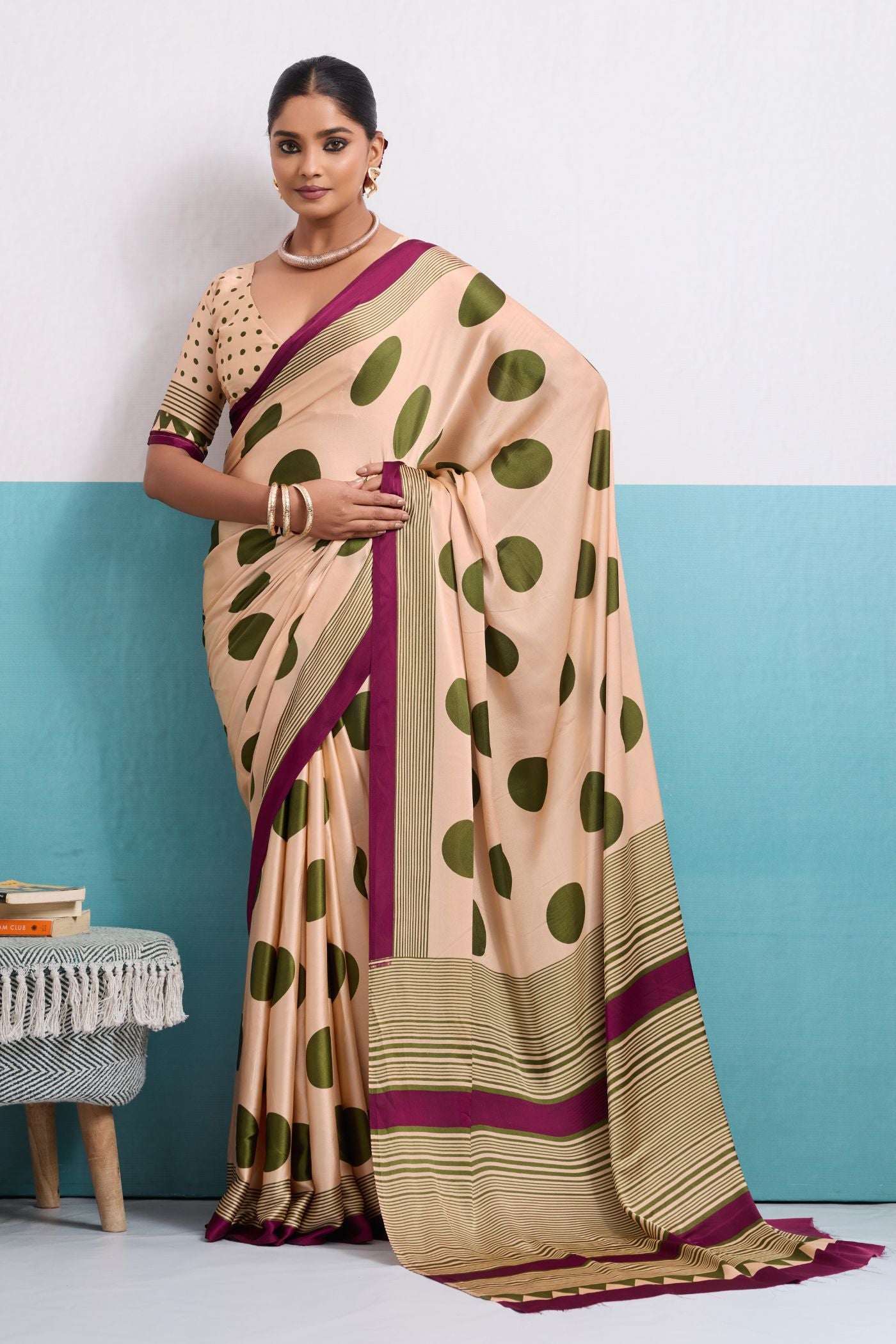 Buy MySilkLove Frosted Cream and Green Polka Dots Satin Crepe Saree Online