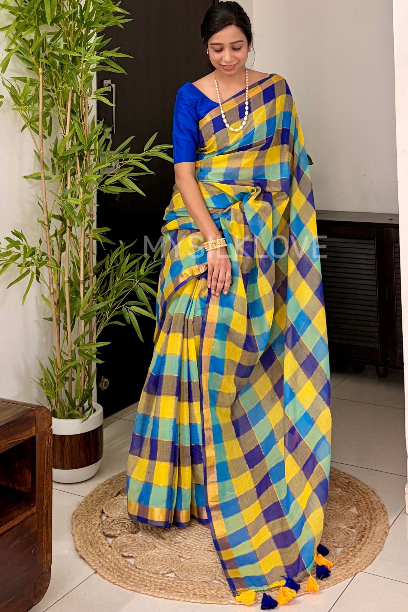 Buy MySilkLove Multicolor Yellow Pure Mul Mul Cotton Checks Pattern Zari woven saree Online