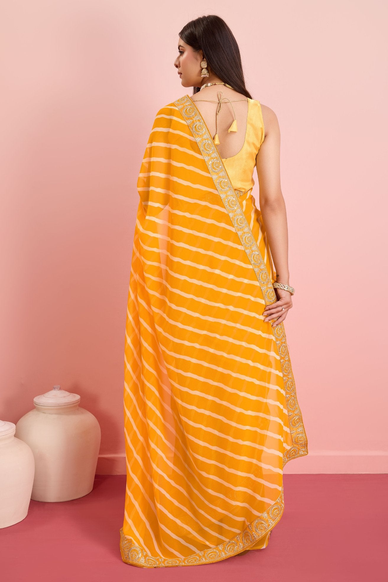 Buy MySilkLove Picasso Yellow Georgette Lehriya Silk saree Online