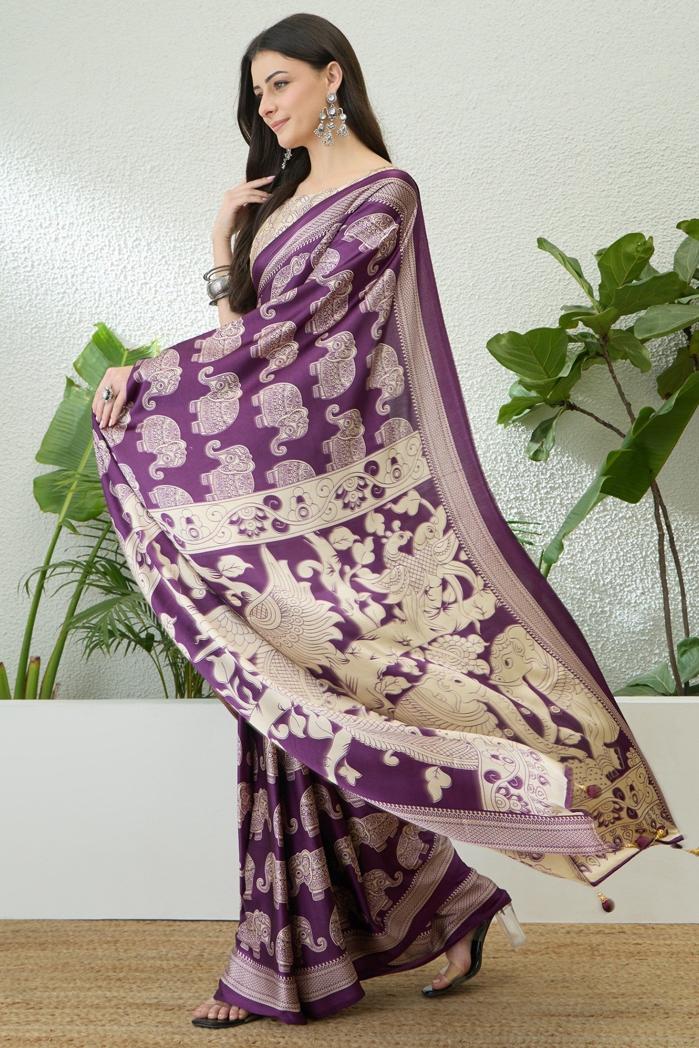 Buy MySilkLove Thistle Purple Ajrakh Printed Satin Crepe Silk Saree Online