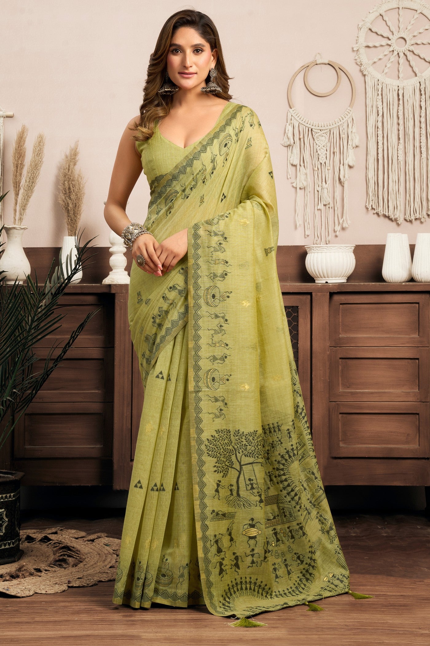 Buy MySilkLove Mist Green Woven Modal Cotton Saree Online