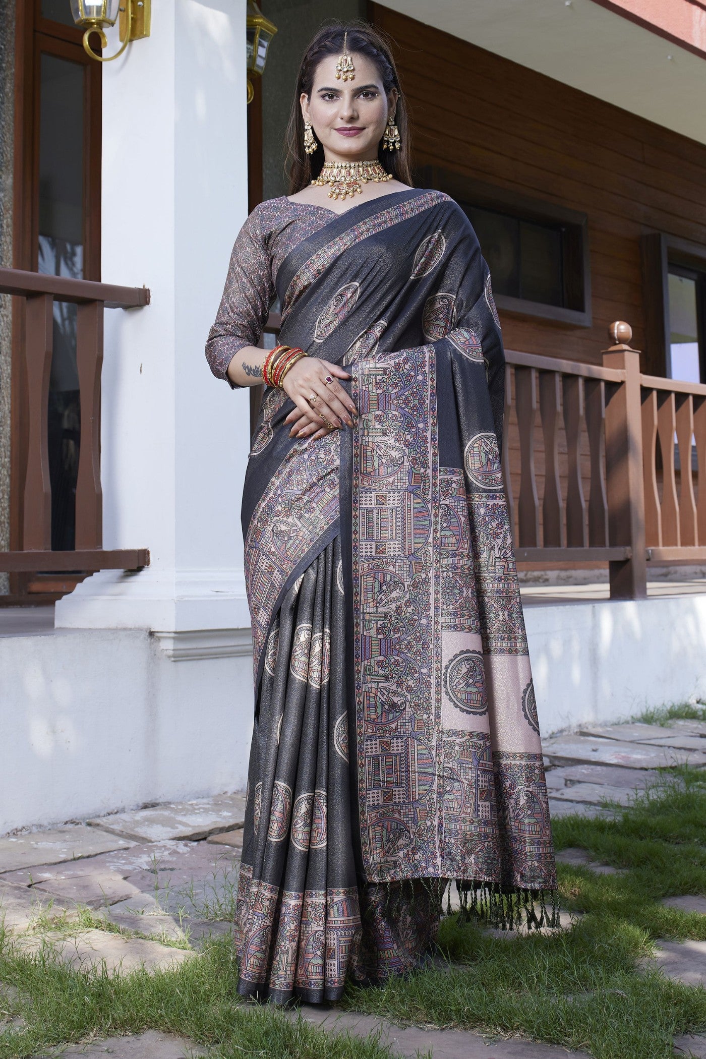 Buy MySilkLove Ink Black Banarasi Digital Printed Saree Online