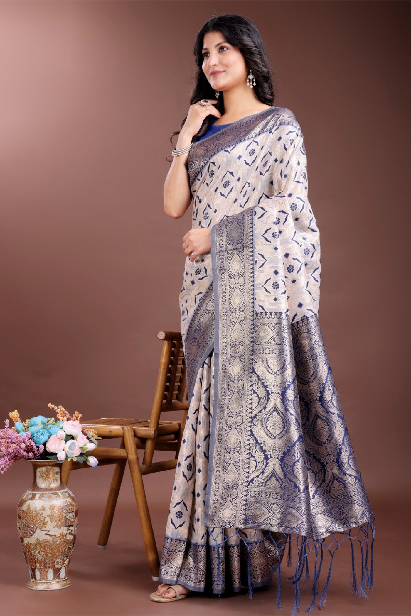 Buy MySilkLove Navy Blue and White Linen Cotton Saree Online