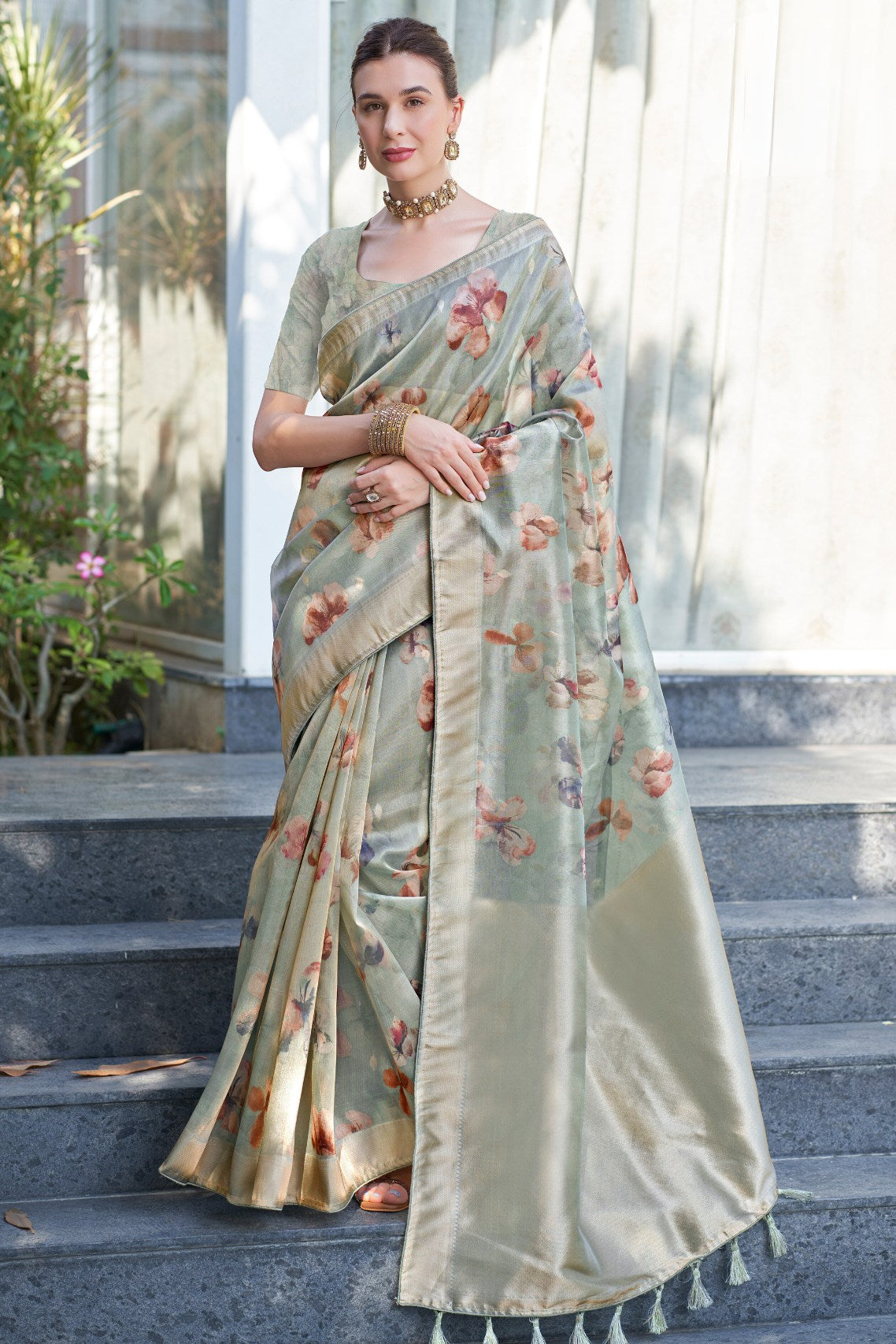 Buy MySilkLove Pumice Grey Digital Printed Organza Saree Online