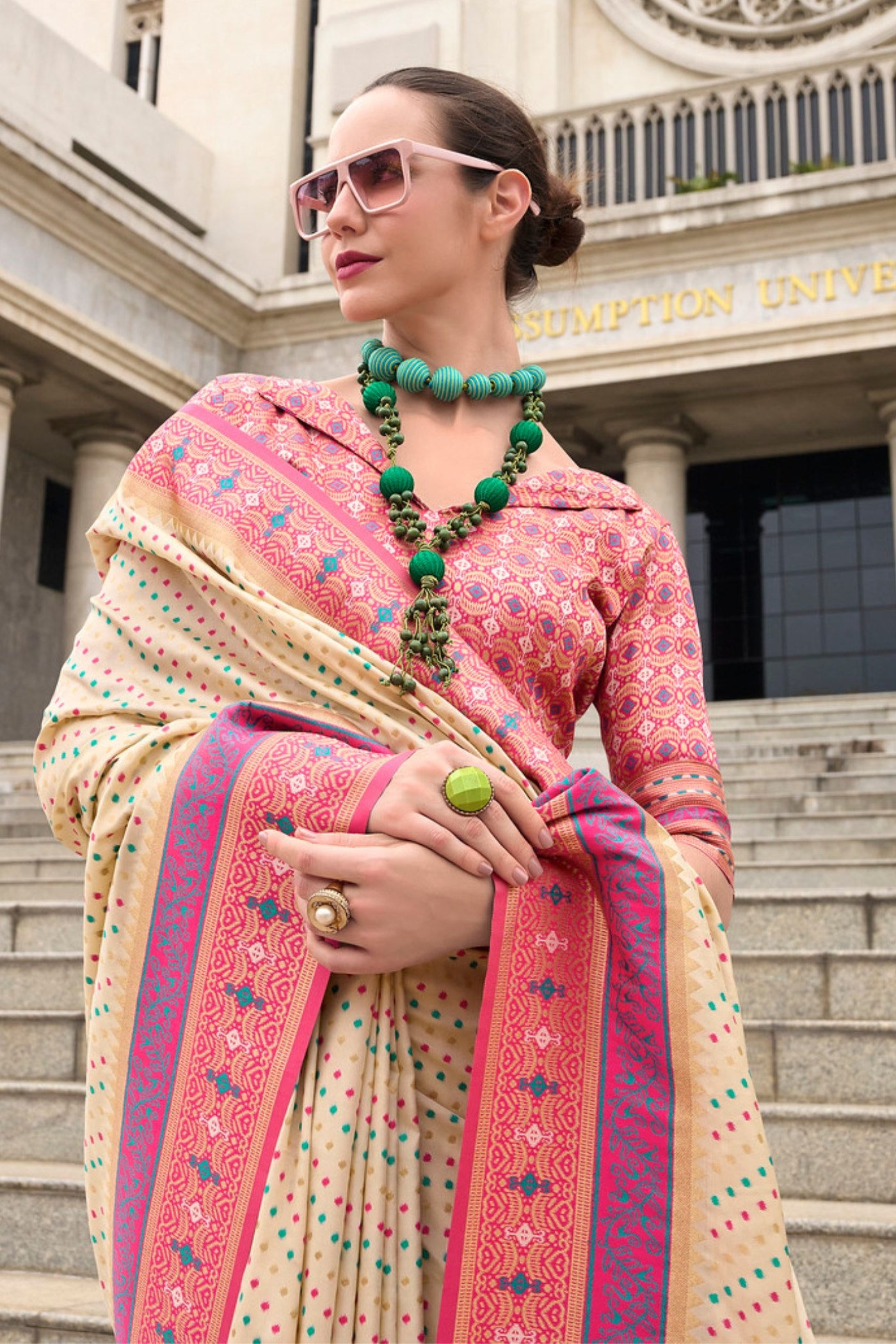 Buy MySilkLove New Orleans Cream Woven Banarasi Saree Online