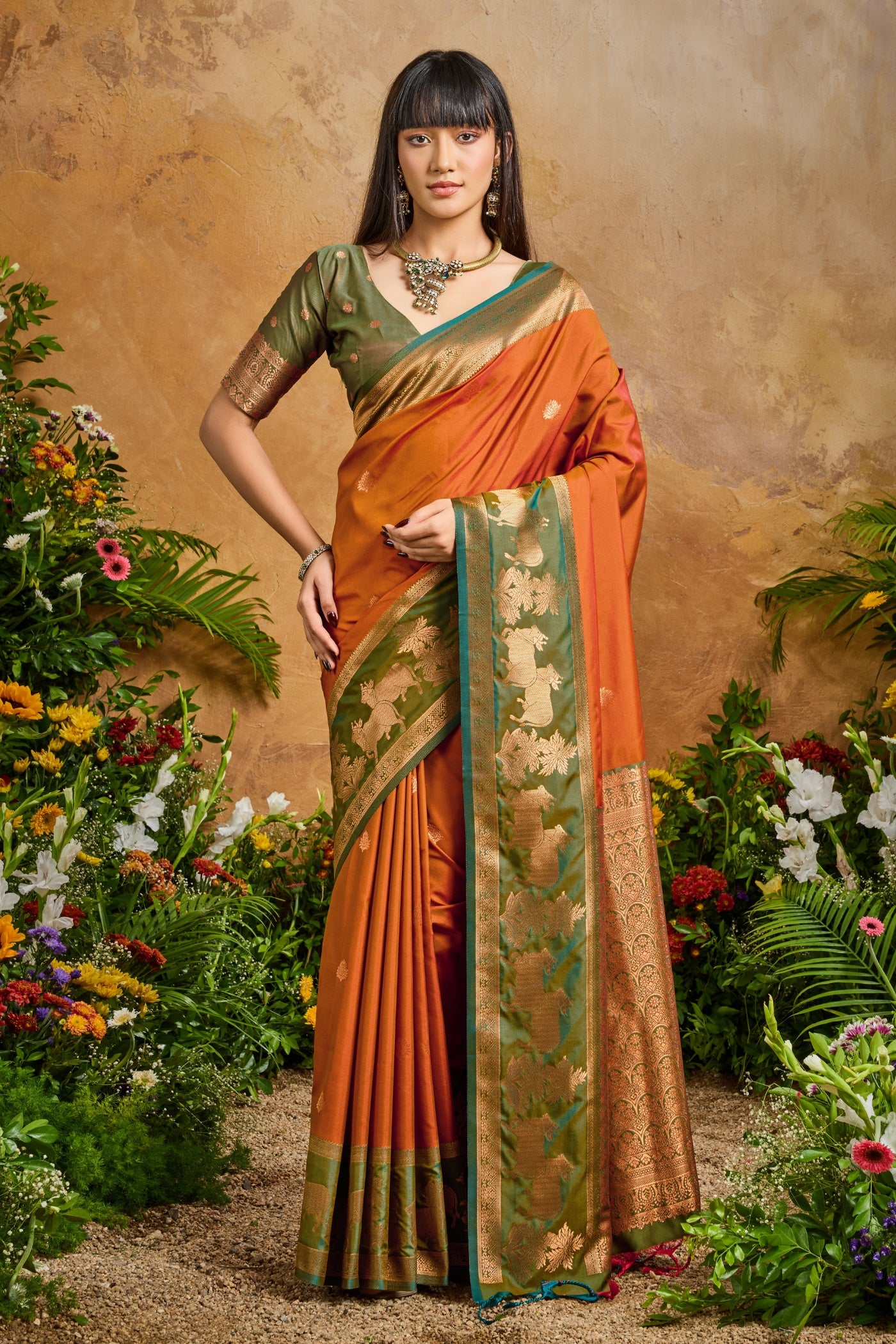 Buy MySilkLove Pumpkin Orange Banarasi Handloom Pichwai Saree Online