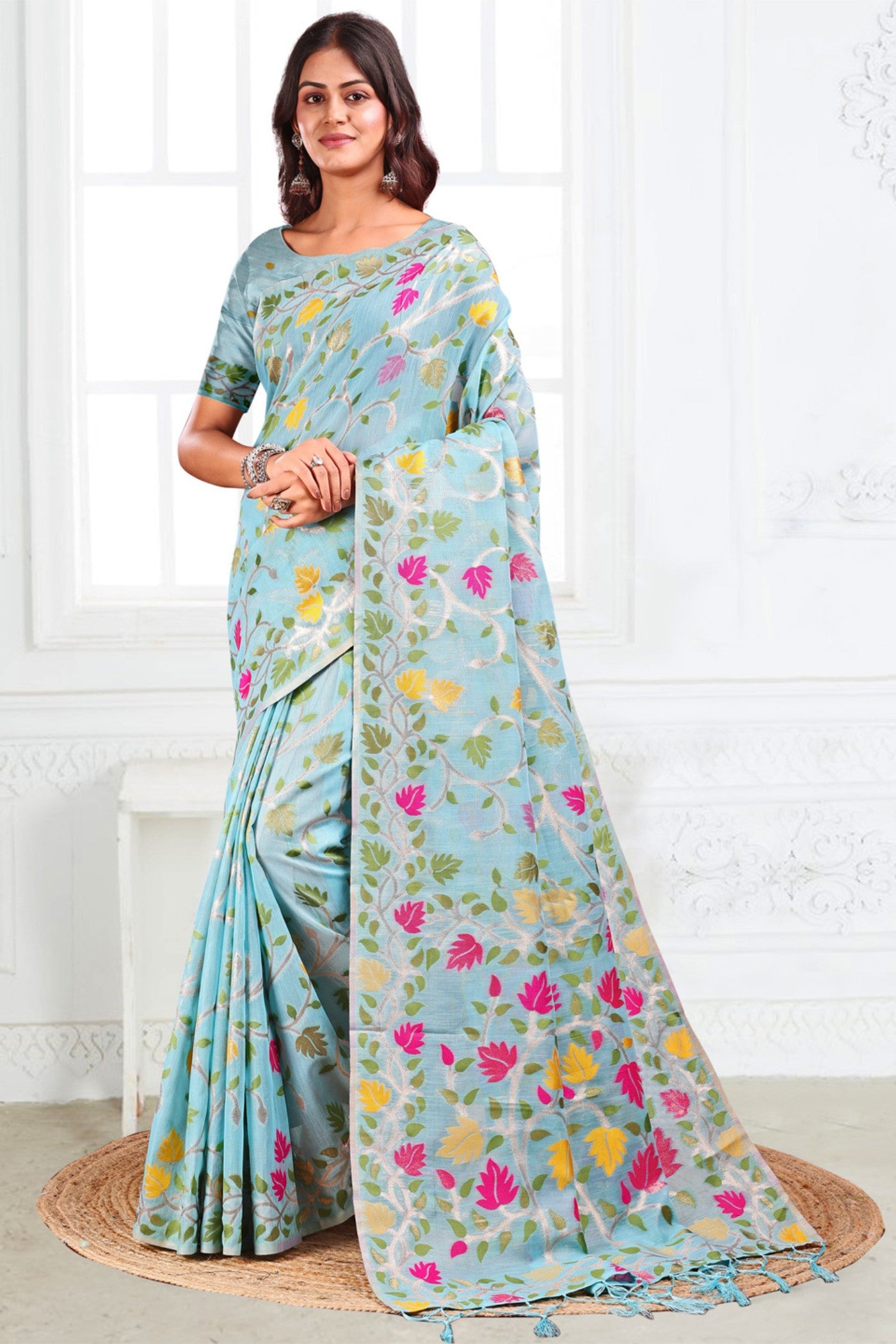 Buy MySilkLove Cloudy Blue Woven Linen Cotton Saree Online