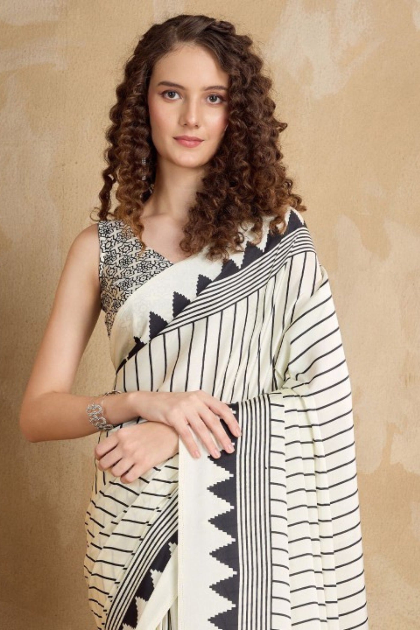 Buy MySilkLove Zebra White Ajrakh Printed Satin Crepe Silk Saree Online