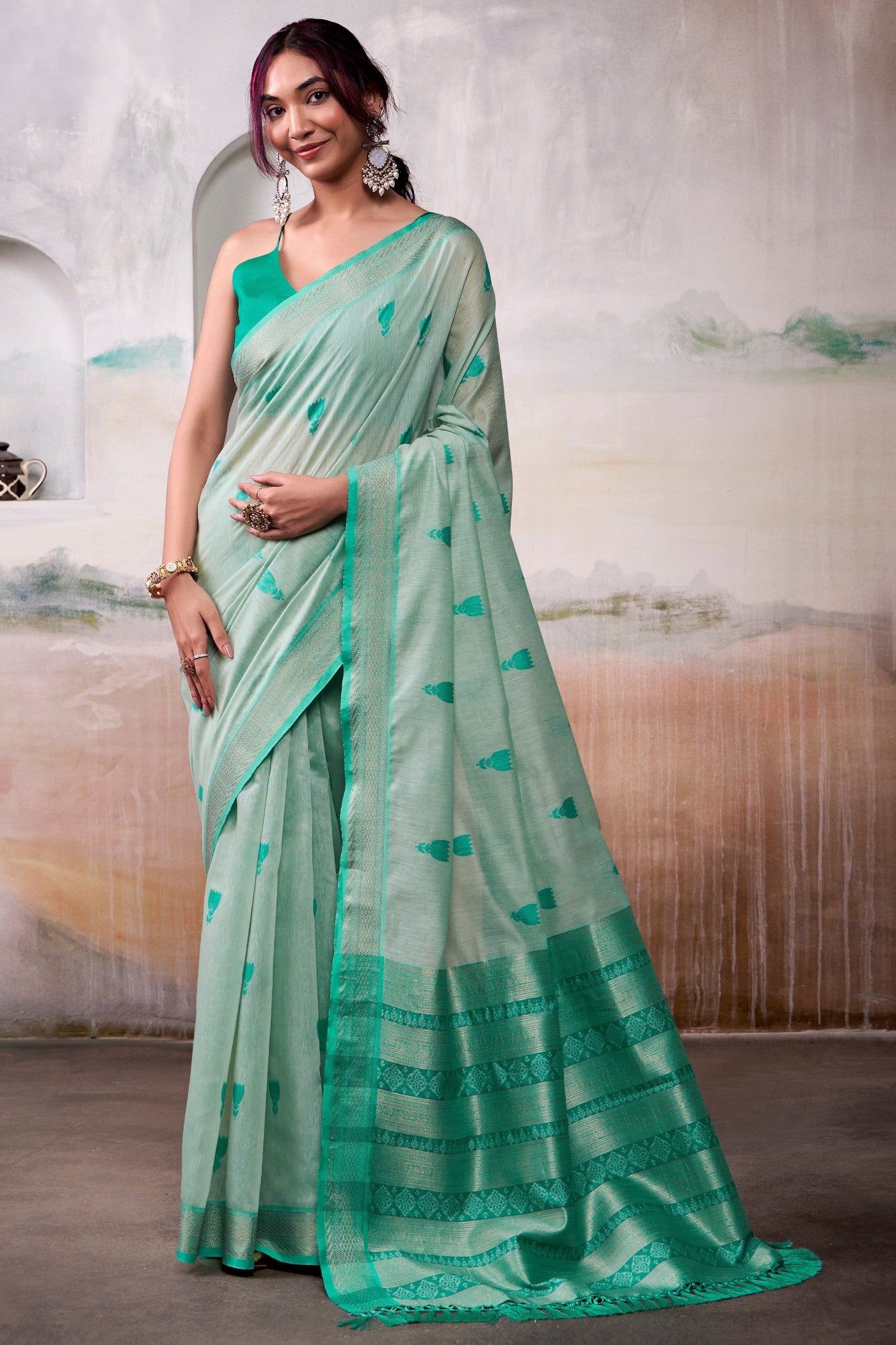 Buy MySilkLove Artichoke Green Woven Modal Cotton Saree Online