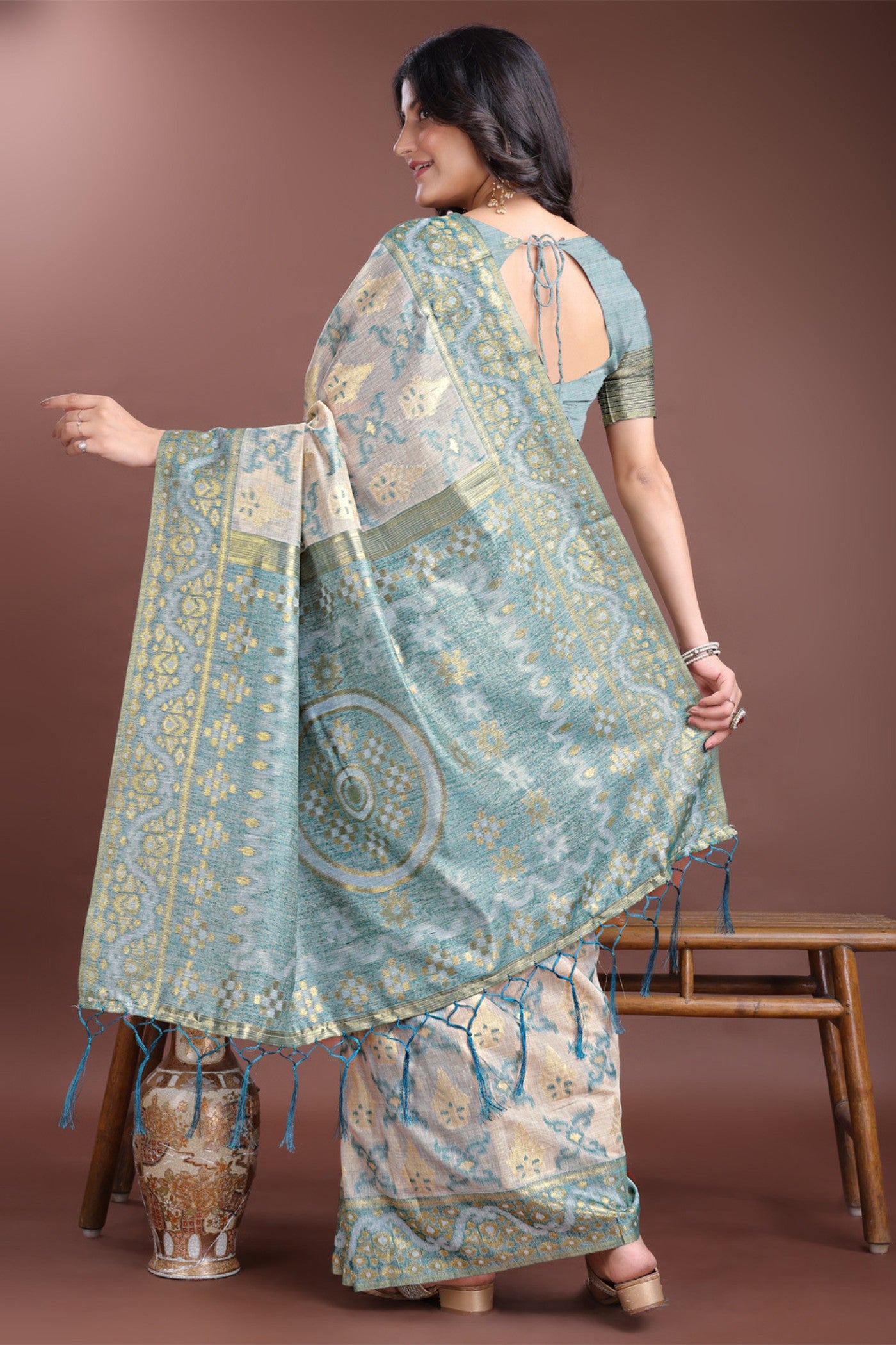 Buy MySilkLove Arctic Blue Linen Cotton Saree Online