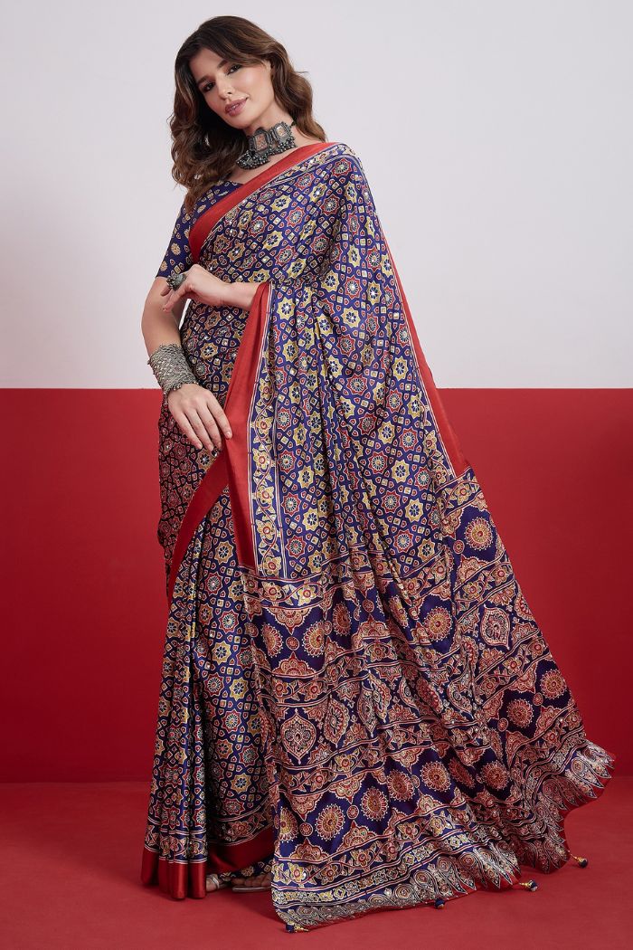 Buy MySilkLove Azure Blue Modal Ajrakh Satin Printed Mirror Work Saree Online
