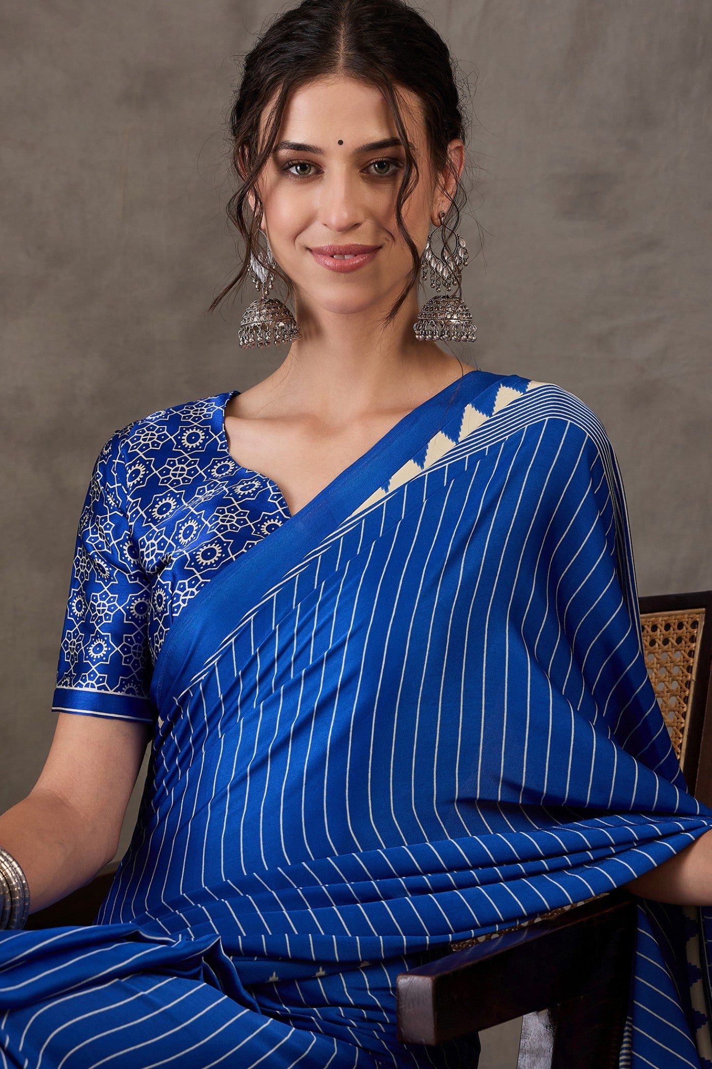 MySilkLove Bondi Blue Printed Satin Gaji Silk Saree