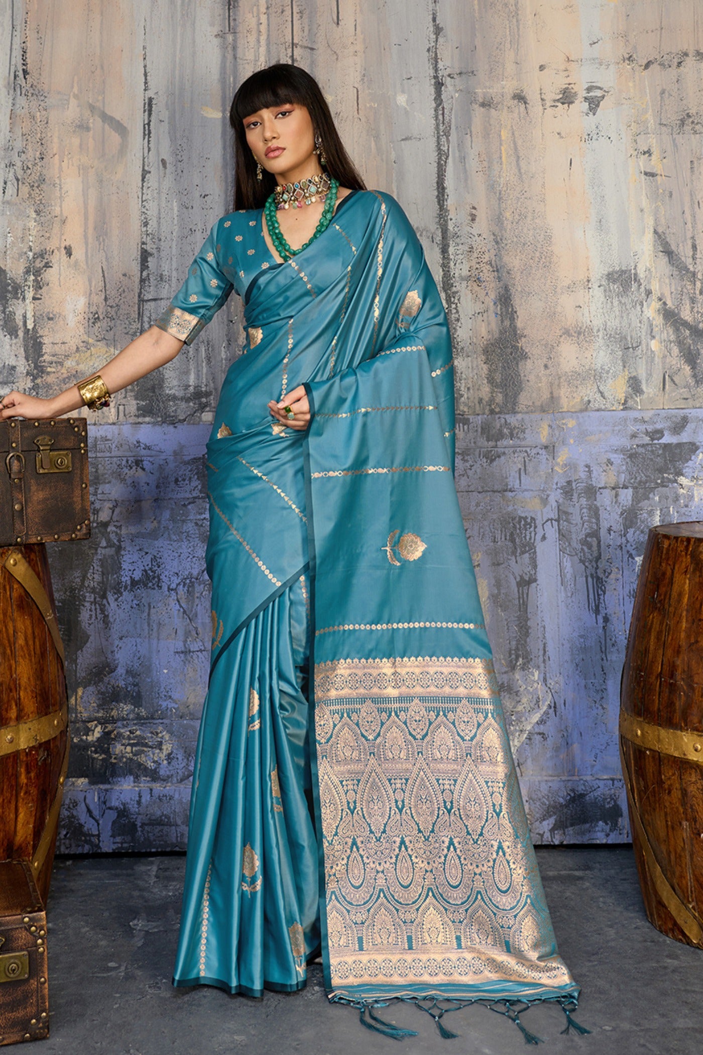 Buy MySilkLove Rail Blue Handloom Satin Silk Saree Online
