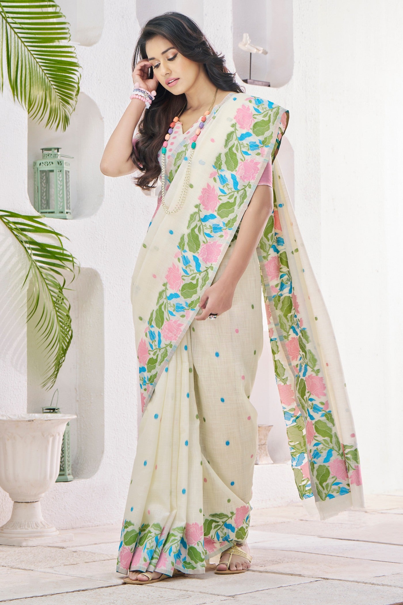 Buy MySilkLove Sisal White Printed Linen Saree Online