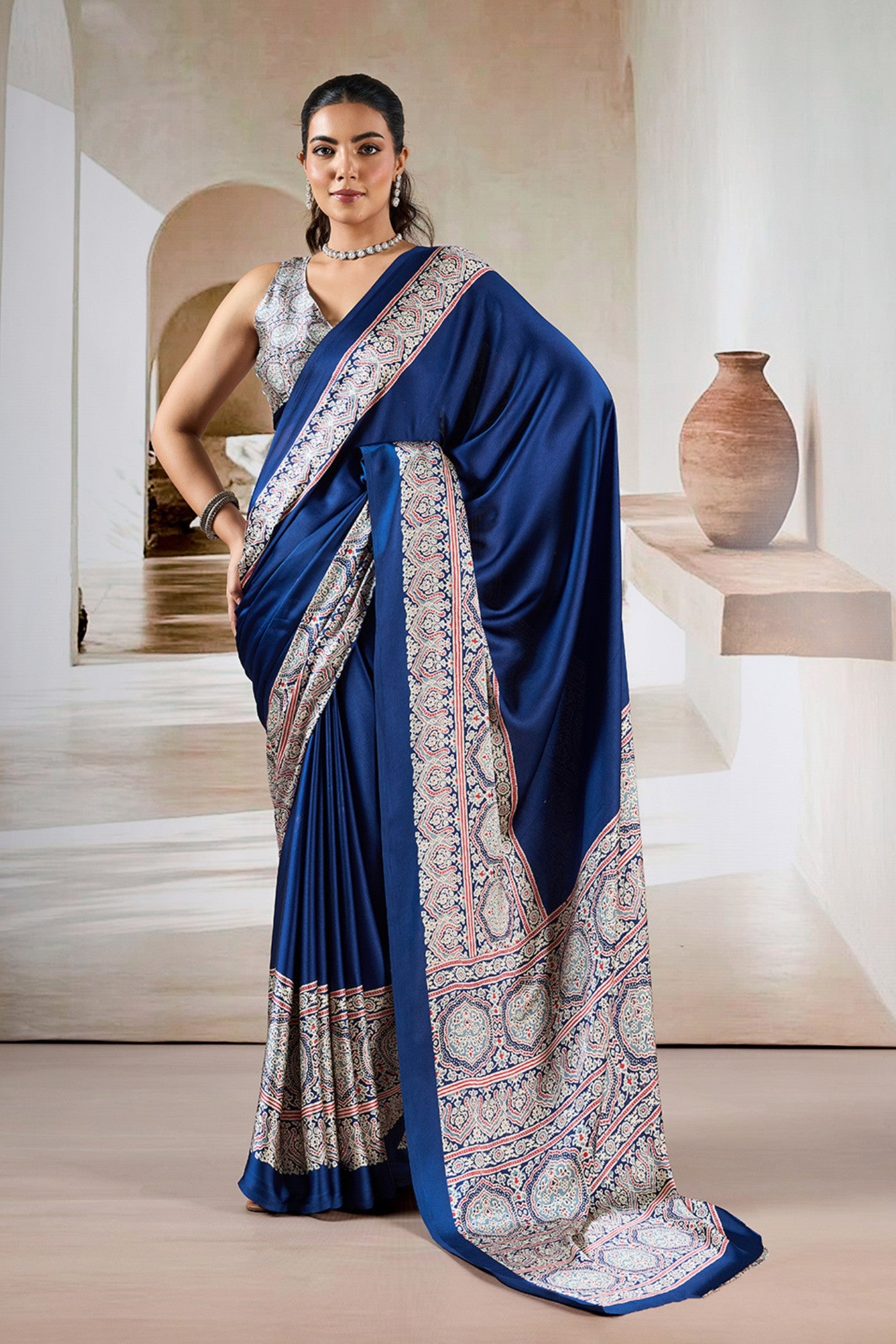 Buy MySilkLove Azure Blue Ajrakh Printed Satin Crepe Silk Saree Online