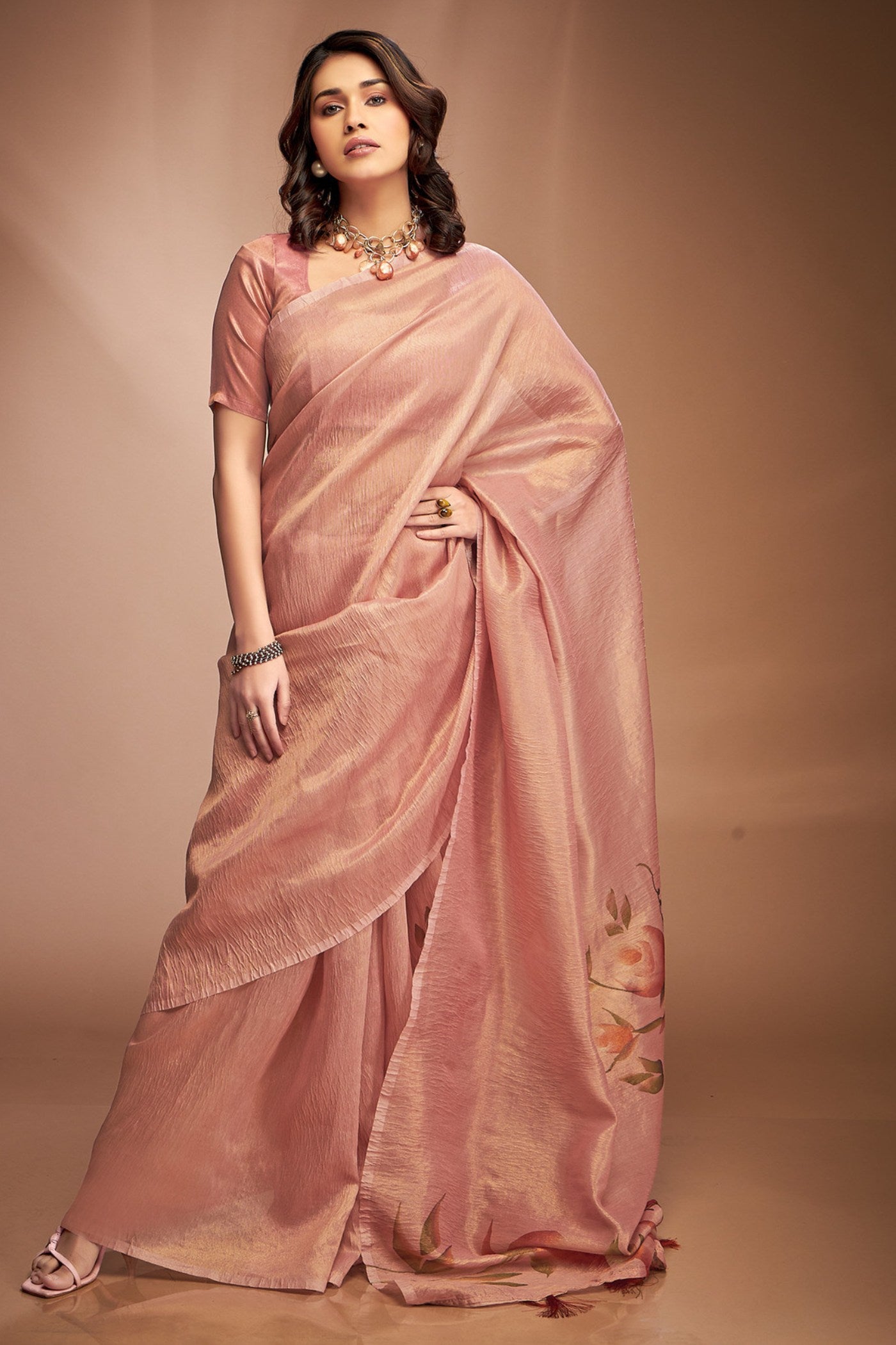 Buy MySilkLove Tiffany Peach Printed Tissue Saree Online