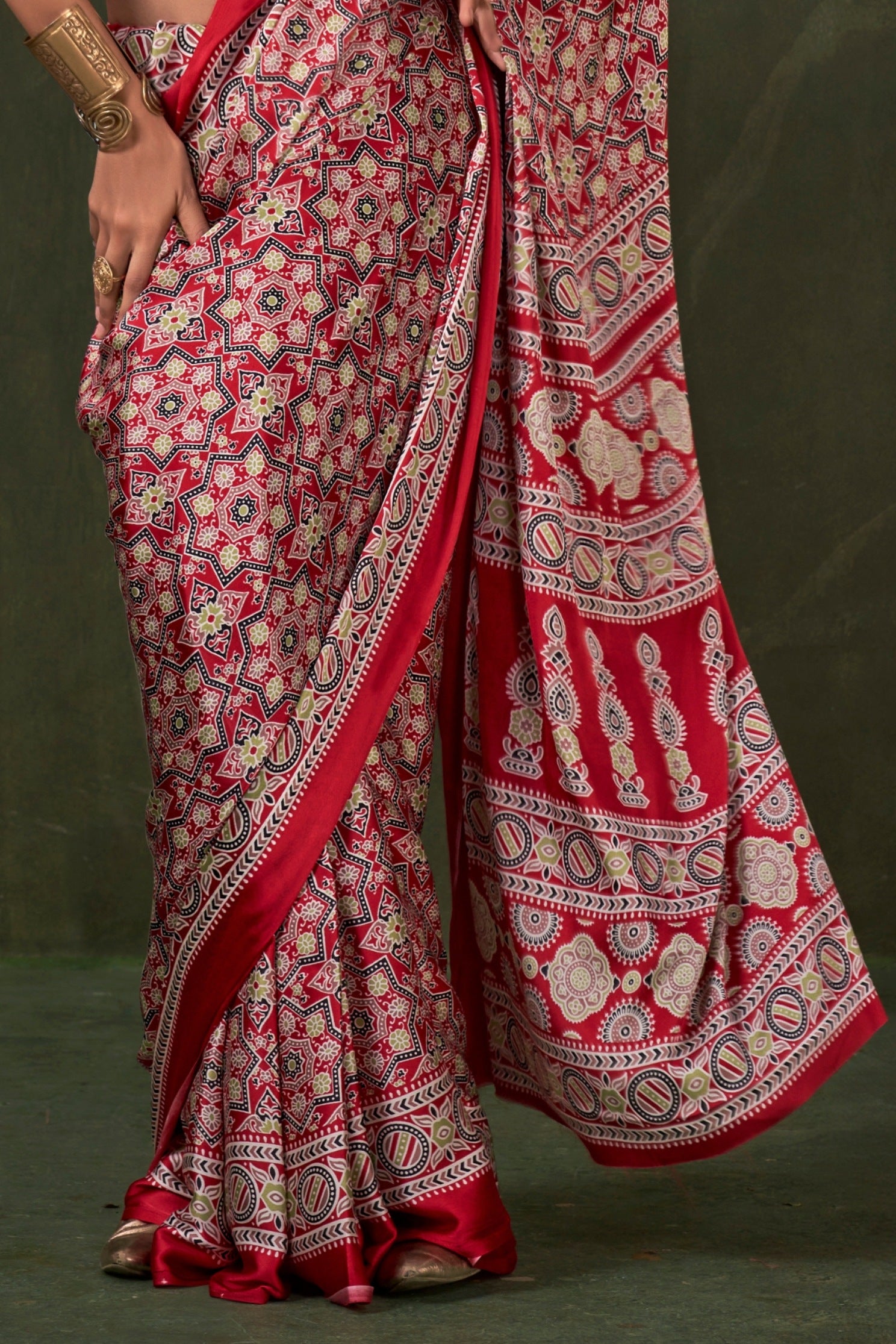 Buy MySilkLove Garnet Red Ajrakh Printed Satin Crepe Silk Saree Online