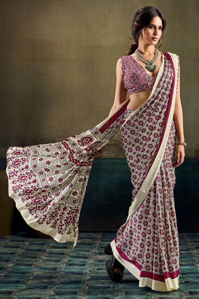 Buy MySilkLove Salt Cream and Maroon Modal Ajrakh Satin Printed Silk Saree Online