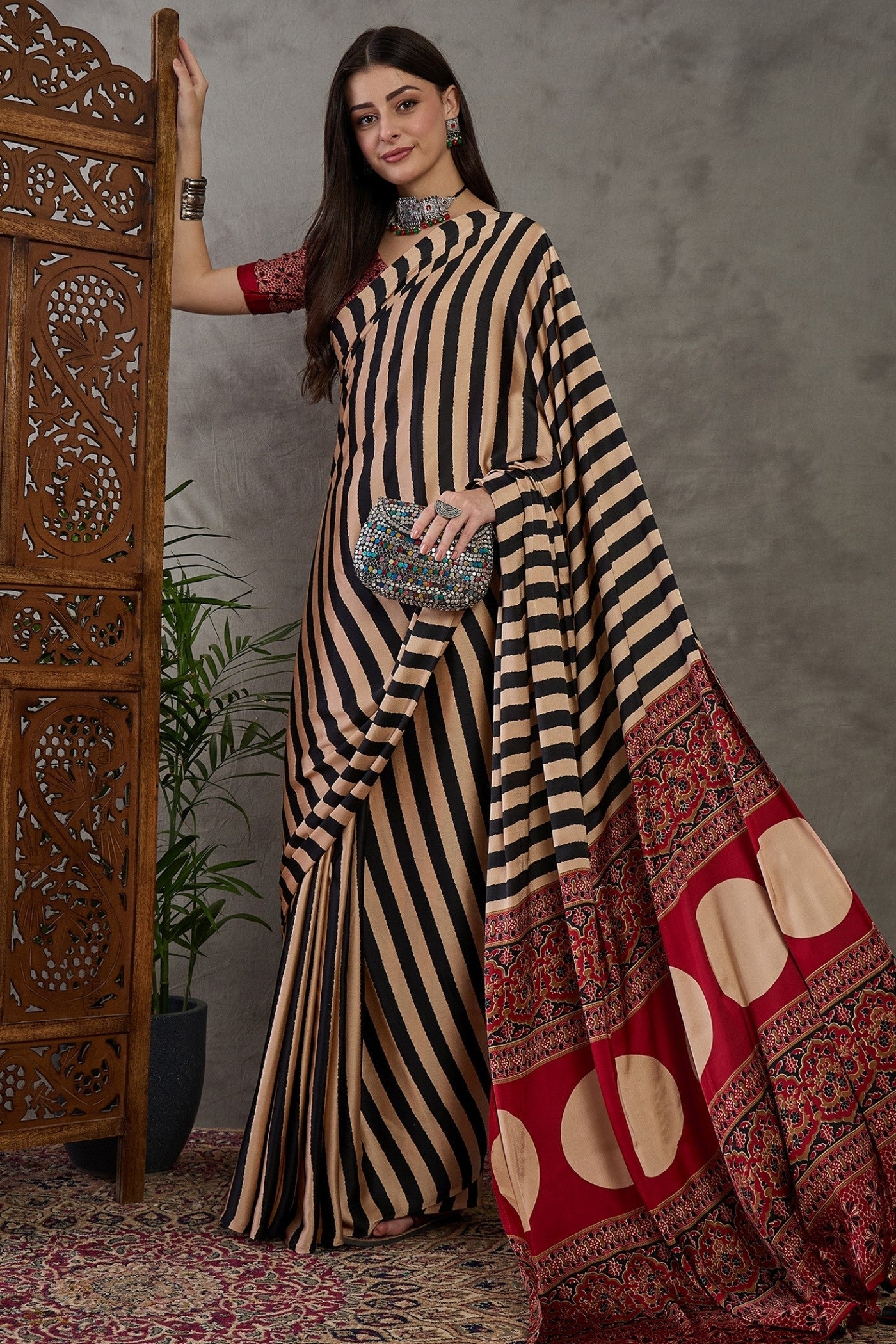 Buy MySilkLove Buff Cream Stripe Ajrakh Printed Satin Gaji Silk Saree Online