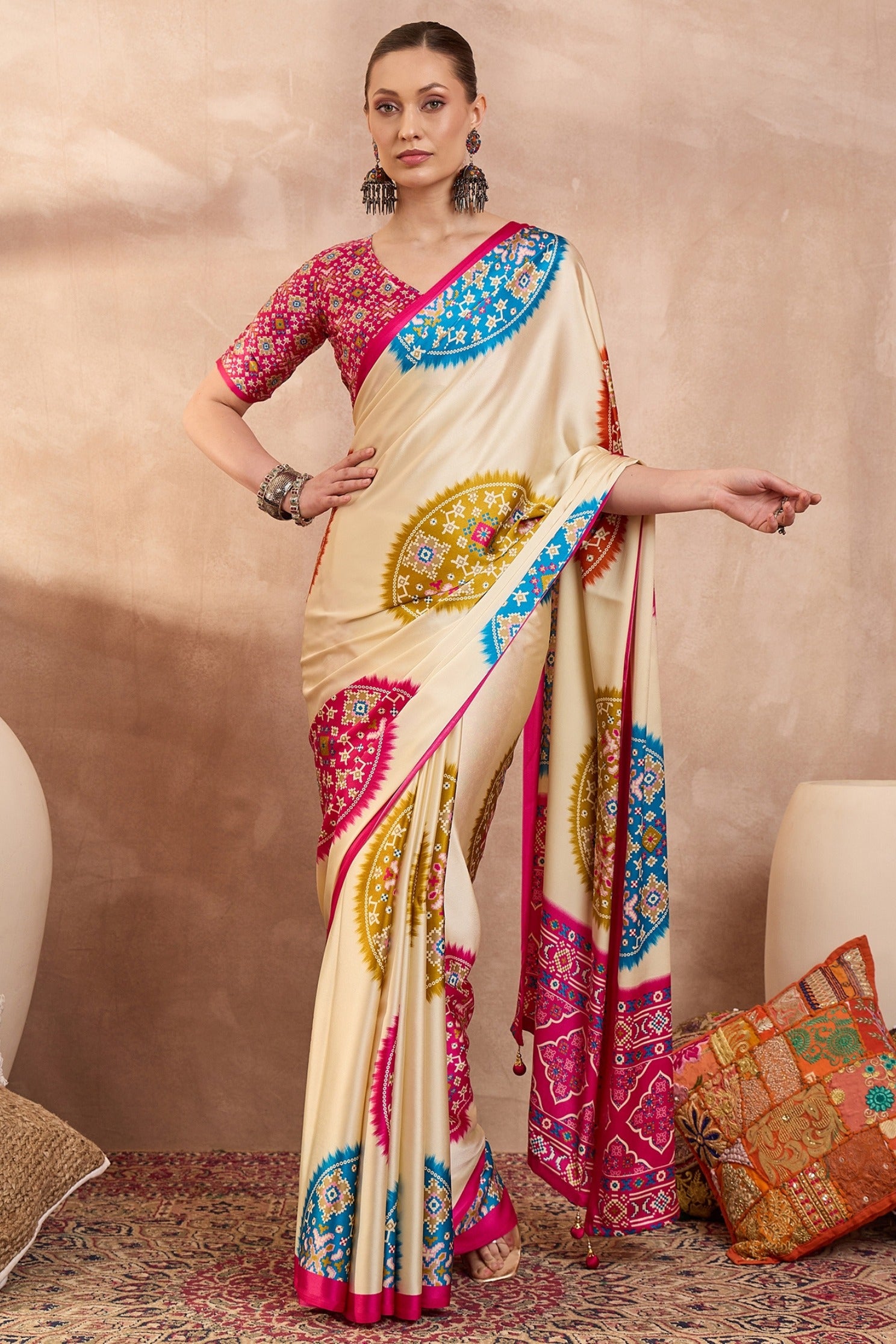 Buy MySilkLove Dutch Cream and Pink Modal Ajrakh Printed Silk Saree Online