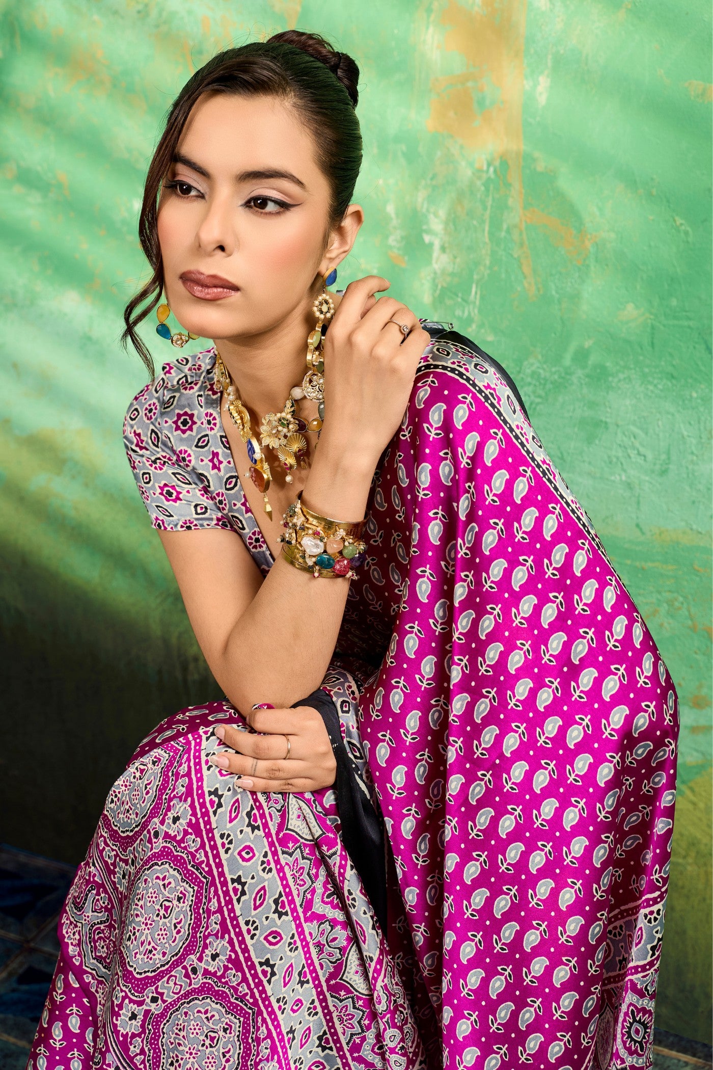 MySilkLove Eminence Purple Modal Ajrakh Satin Printed Silk Saree